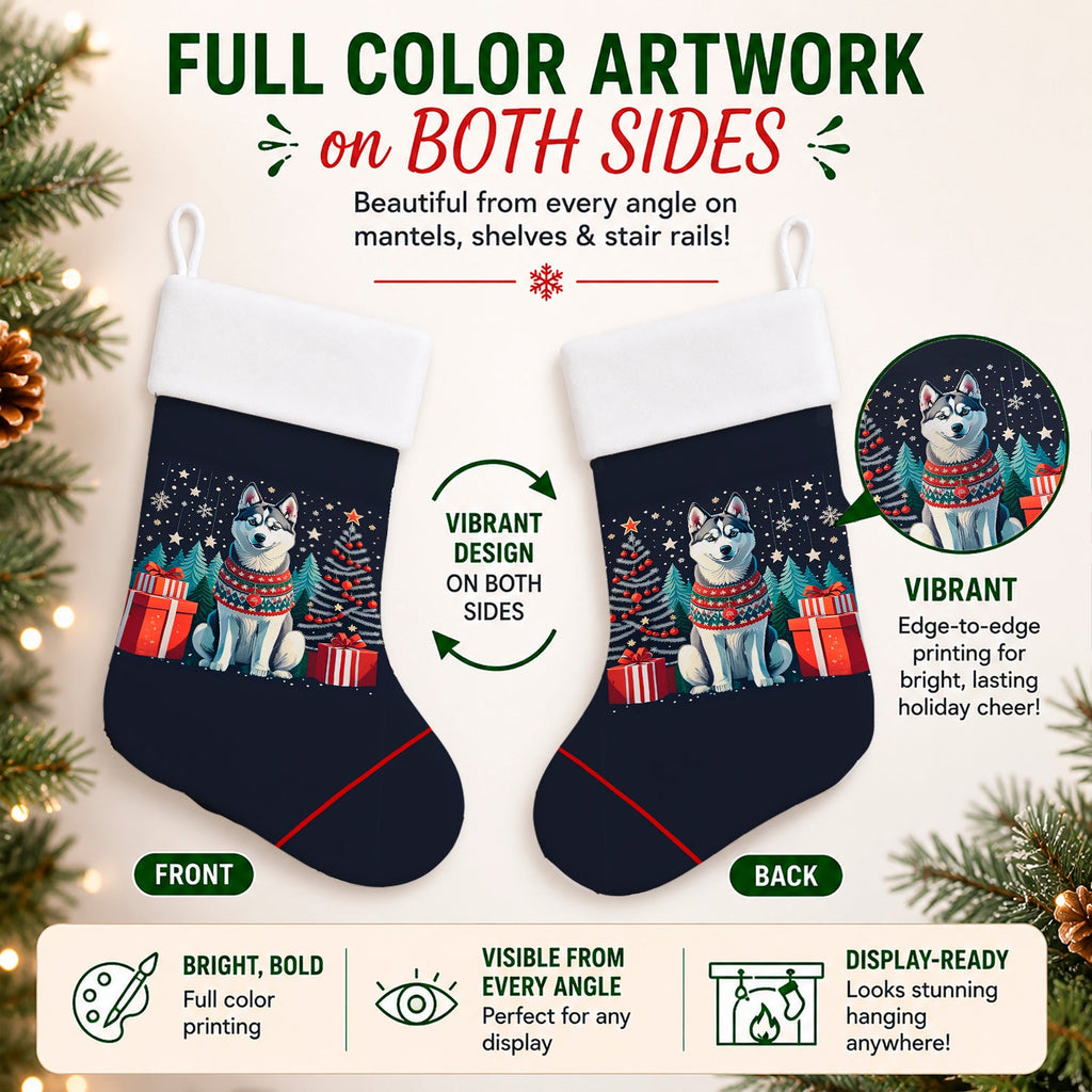 Siberian Husky Christmas Holiday Stocking Double-Sided Print, Polyester Suede,11x18, Made in USA