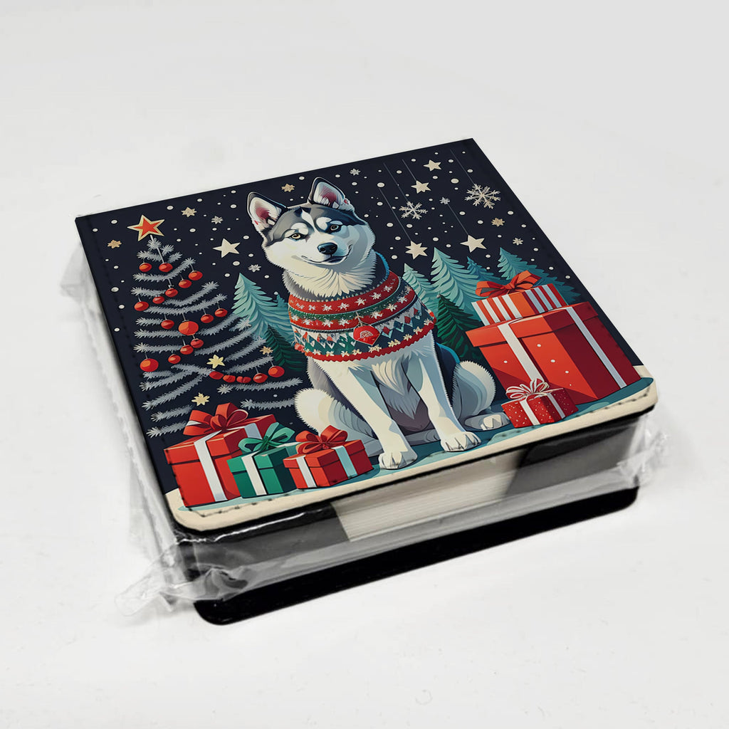 Siberian Husky Christmas PU Leather Note Paper Holder with Artist-Designed Cover, Desk Accessory, Office Gift