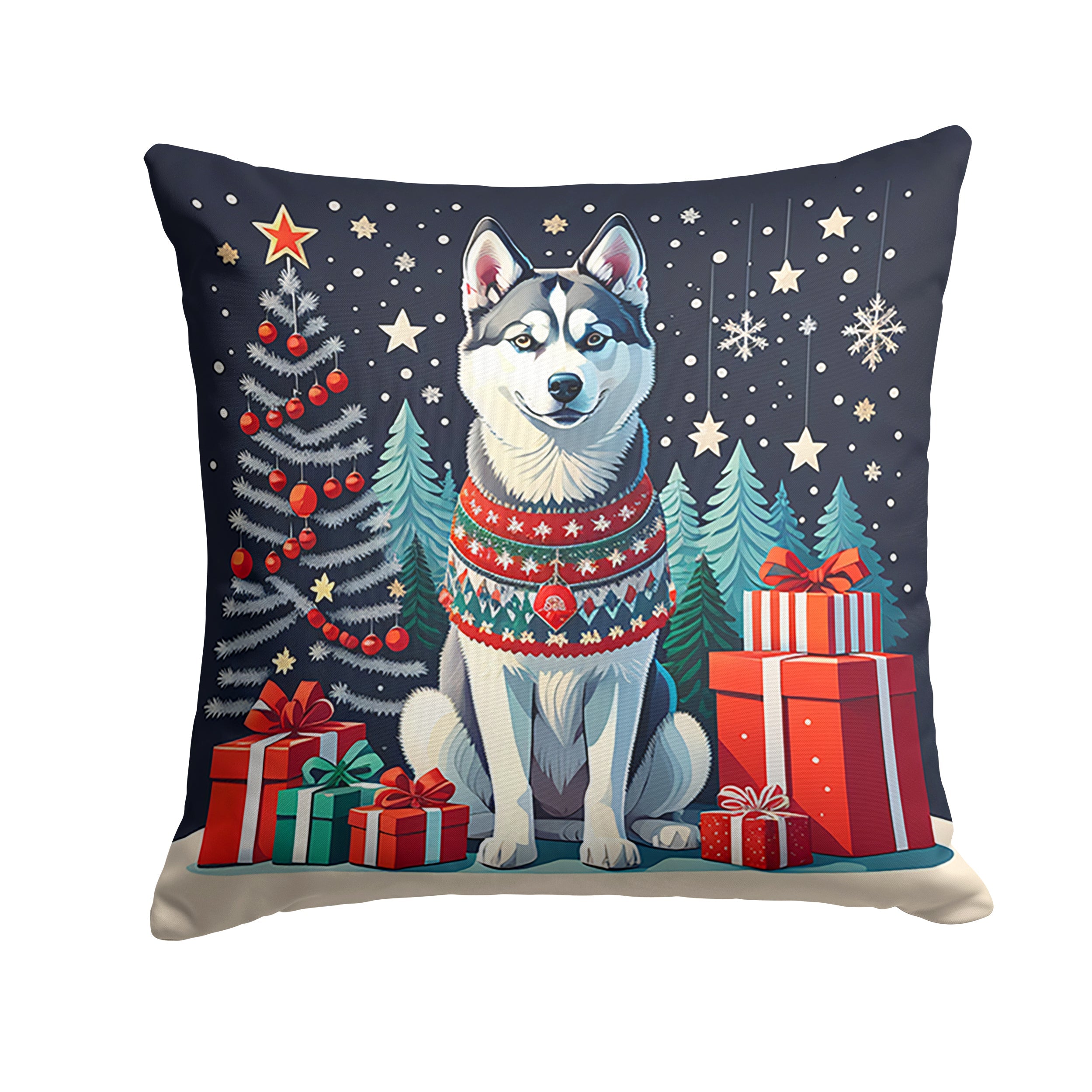 Siberian Husky Christmas Decorative Throw Pillow 14x14 Indoor Outdoor Accent Cushion, Fabric Cover with Insert for Sofa, Bed, Porch & Living Room