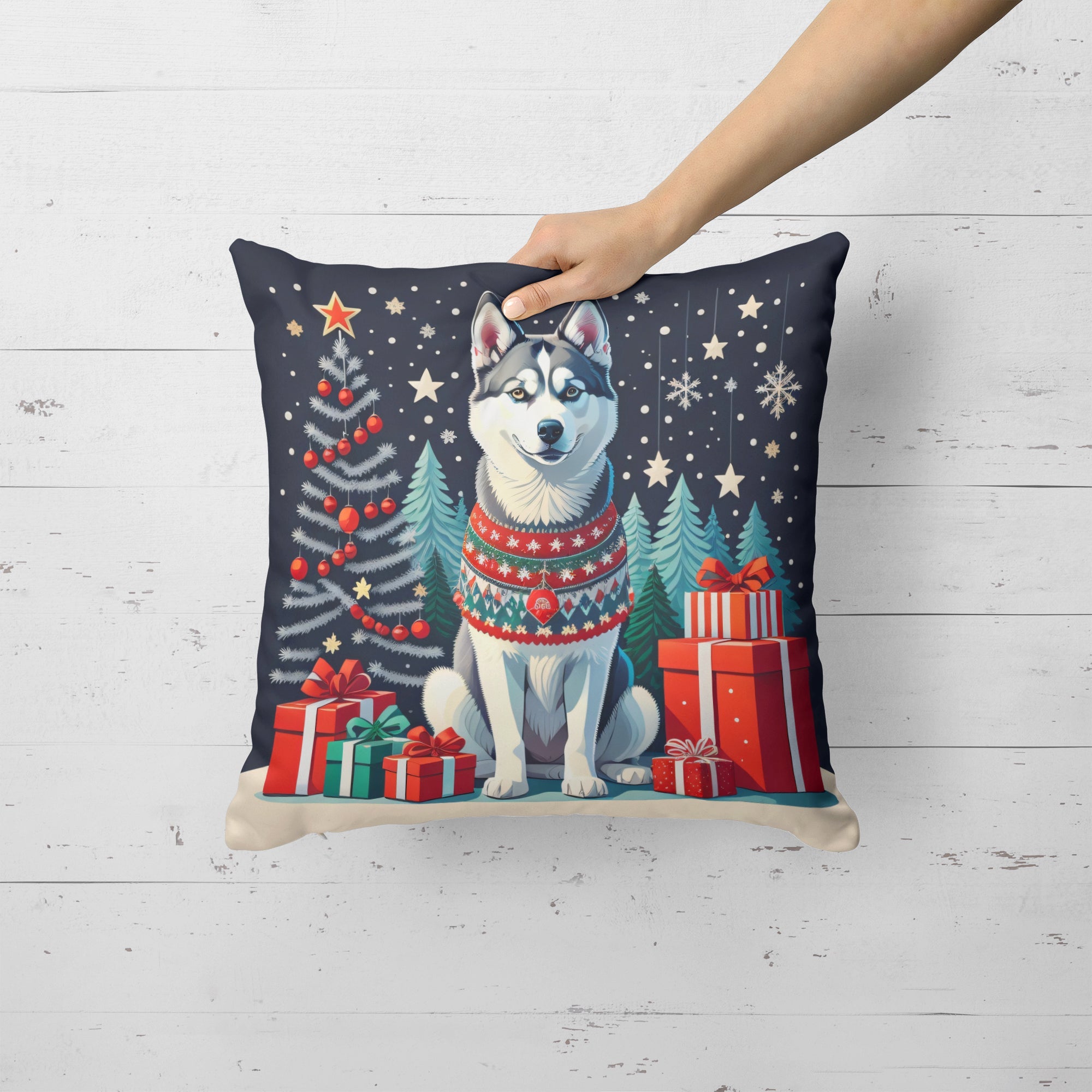 Siberian Husky Christmas Decorative Throw Pillow 14x14 Indoor Outdoor Accent Cushion, Fabric Cover with Insert for Sofa, Bed, Porch & Living Room