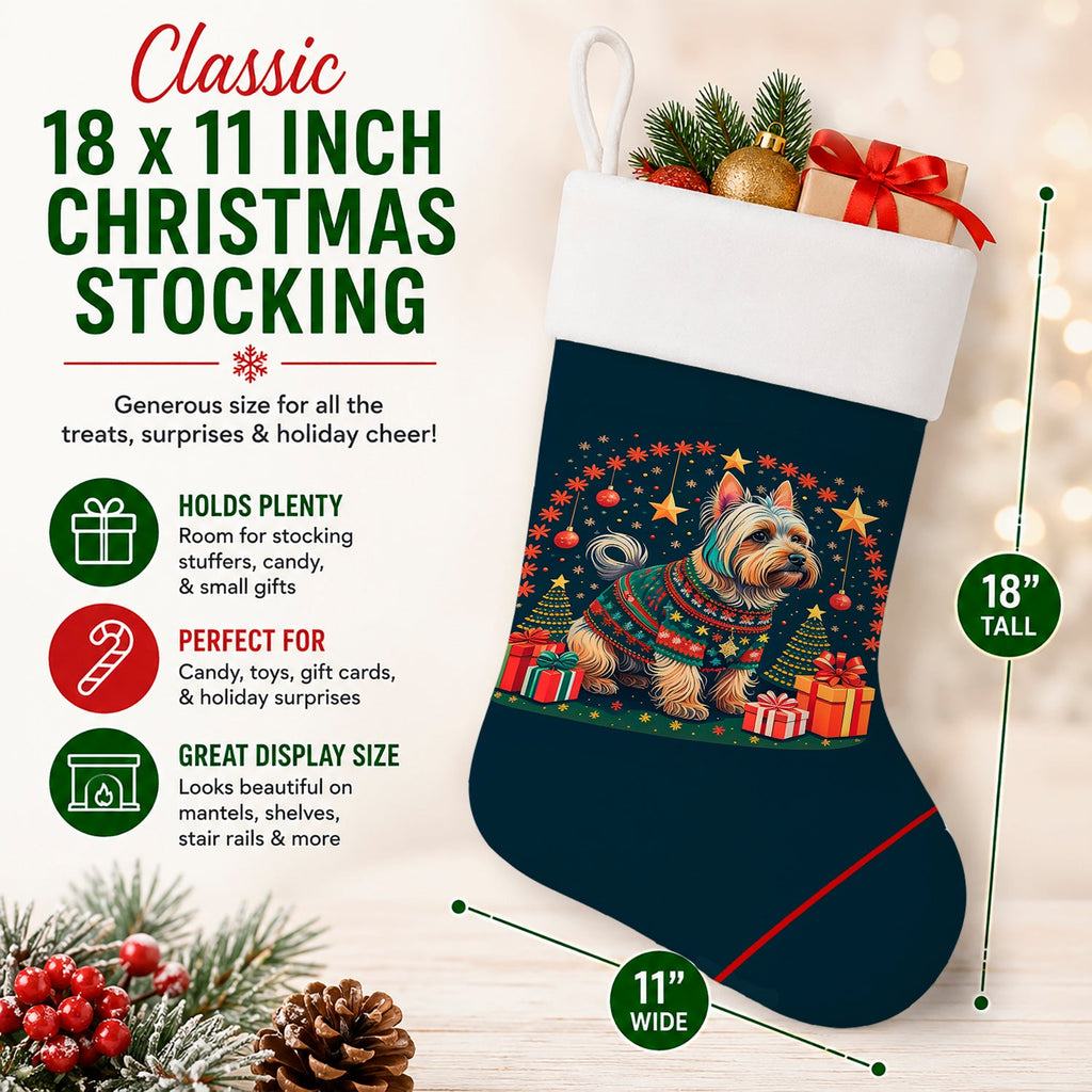 Silky Terrier Christmas Holiday Stocking Double-Sided Print, Polyester Suede,11x18, Made in USA