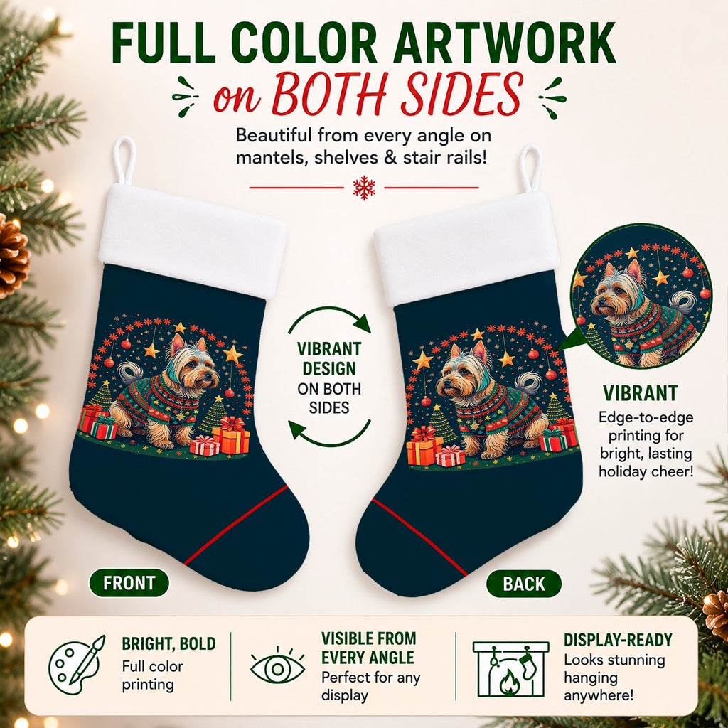 Silky Terrier Christmas Holiday Stocking Double-Sided Print, Polyester Suede,11x18, Made in USA