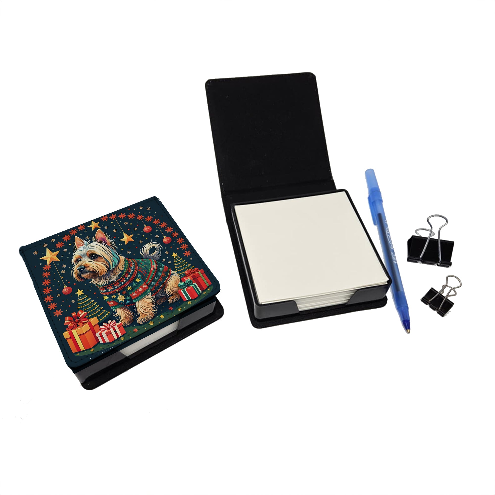 Silky Terrier Christmas PU Leather Note Paper Holder with Artist-Designed Cover, Desk Accessory, Office Gift