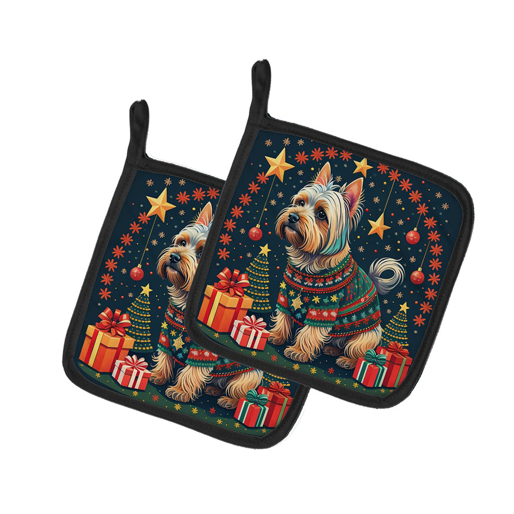 Silky Terrier Christmas Pot Holder Set of 2 Heat Resistant Quilted Hot Pads 7.5 x 7.5 Inch, Insulated Kitchen Trivets for Cooking & Baking