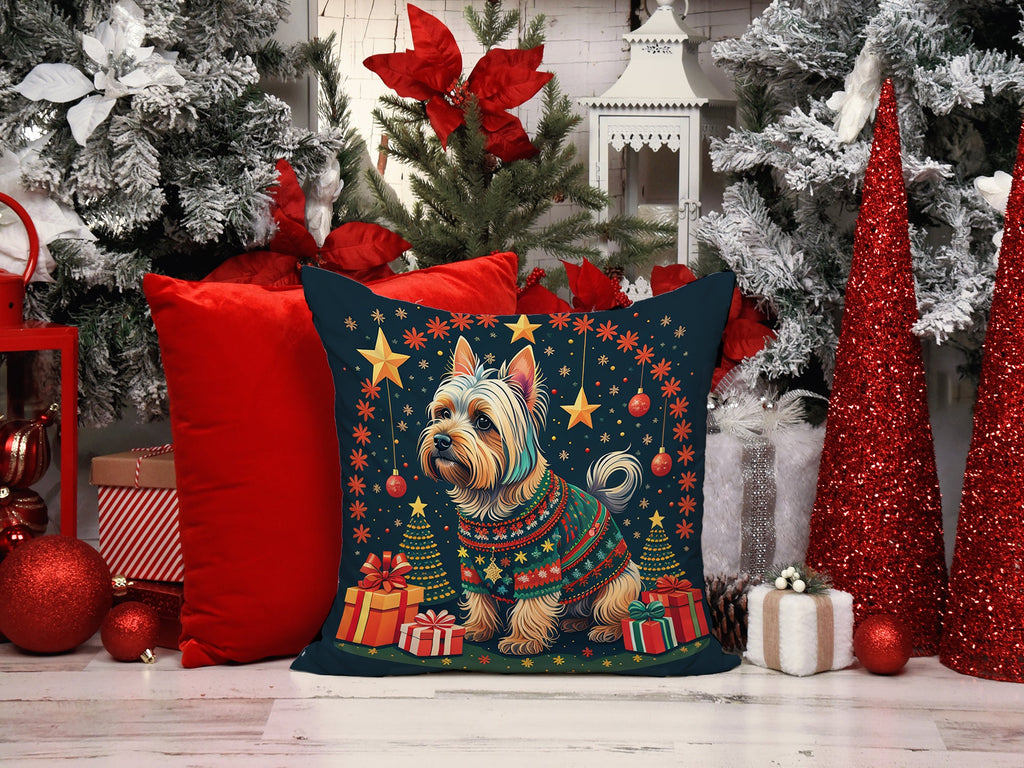 Silky Terrier Christmas Decorative Throw Pillow 14x14 Indoor Outdoor Accent Cushion, Fabric Cover with Insert for Sofa, Bed, Porch & Living Room