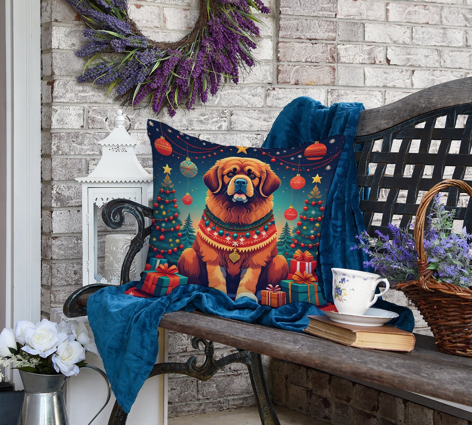 Tibetan Mastiff Christmas Decorative Throw Pillow 18x18 Indoor Outdoor Accent Cushion, Fabric Cover with Insert for Sofa, Bed, Porch & Living Room