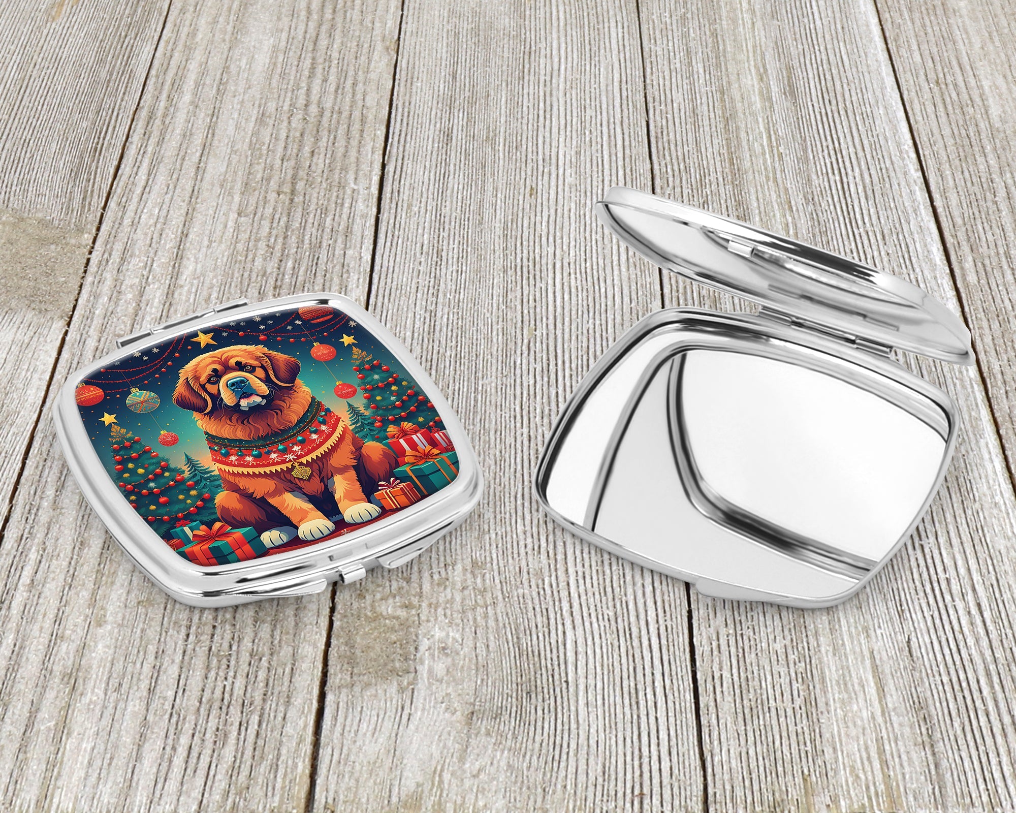 Tibetan Mastiff Christmas Compact Mirror Decorative Travel Makeup Mirror for Women Girls Gifts Pocket Makeup Mirror Folding Handheld