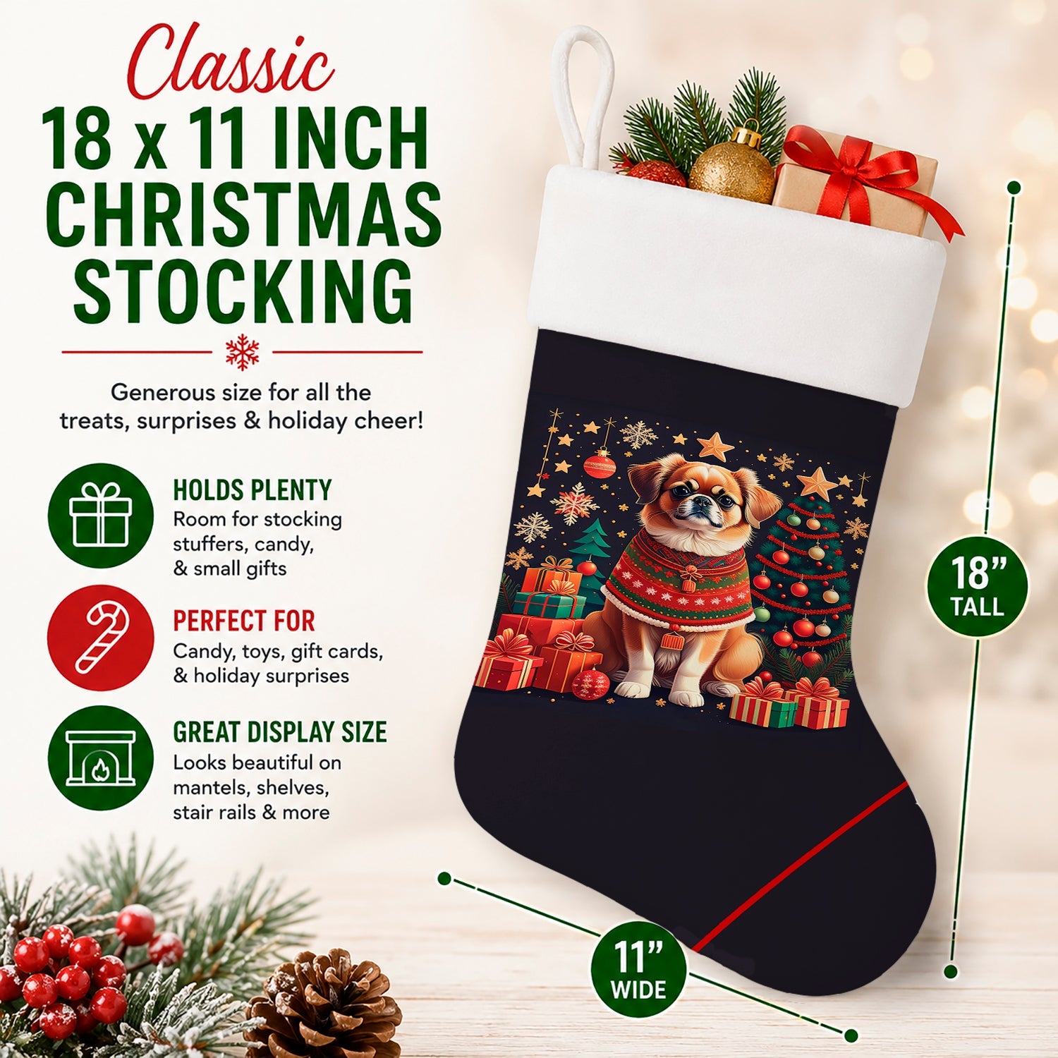 Tibetan Spaniel Christmas Holiday Stocking Double-Sided Print, Polyester Suede,11x18, Made in USA