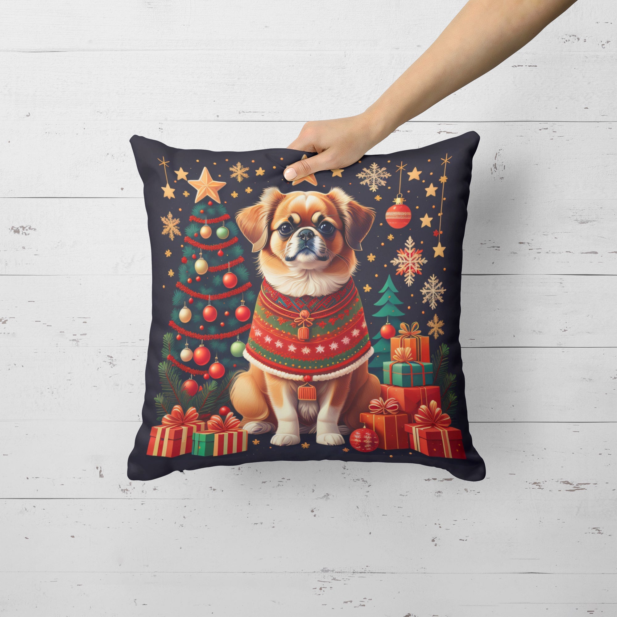 Tibetan Spaniel Christmas Decorative Throw Pillow 14x14 Indoor Outdoor Accent Cushion, Fabric Cover with Insert for Sofa, Bed, Porch & Living Room