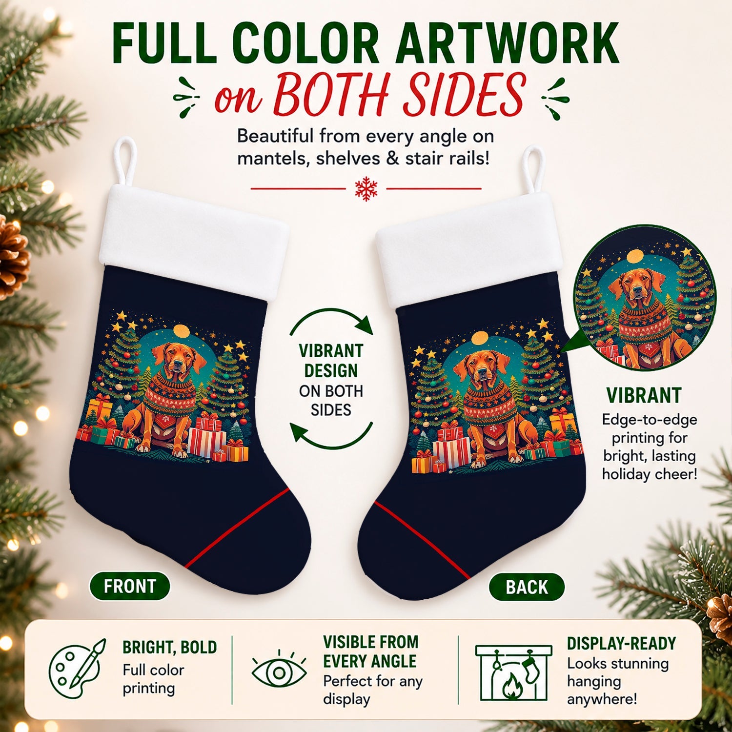 Vizsla Christmas Holiday Stocking Double-Sided Print, Polyester Suede,11x18, Made in USA
