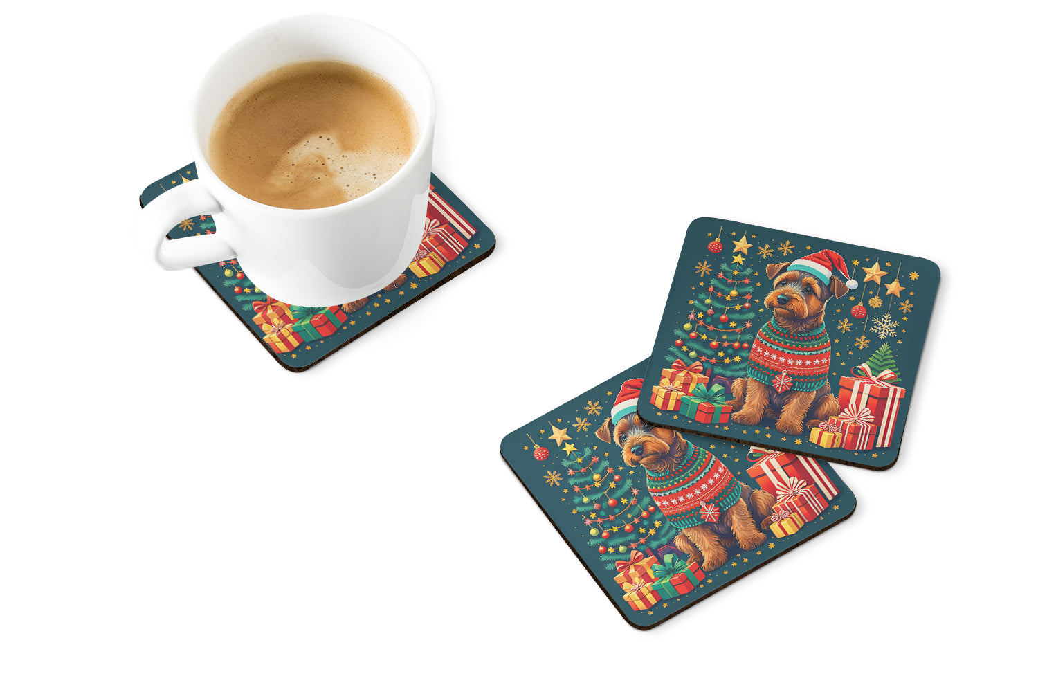 Welsh Terrier Christmas Foam Coasters Set of 4 Cup Coasters for Indoor Outdoor, Tabletop Protection, Anti Slip, Mouse pad Material