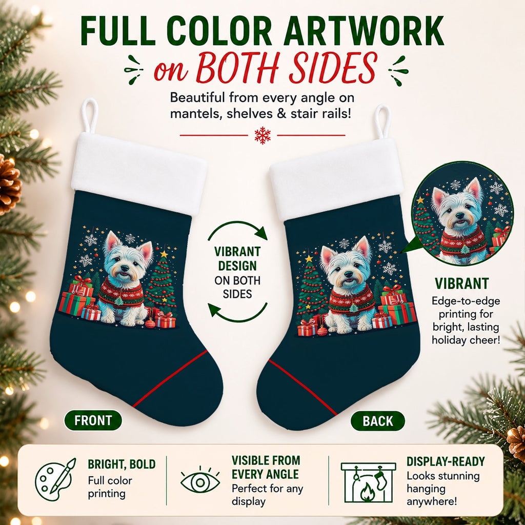Westie Christmas Holiday Stocking Double-Sided Print, Polyester Suede,11x18, Made in USA