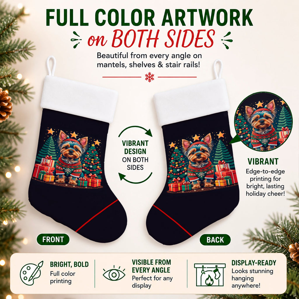 Yorkie Yorkshire Terrier Christmas Holiday Stocking Double-Sided Print, Polyester Suede,11x18, Made in USA
