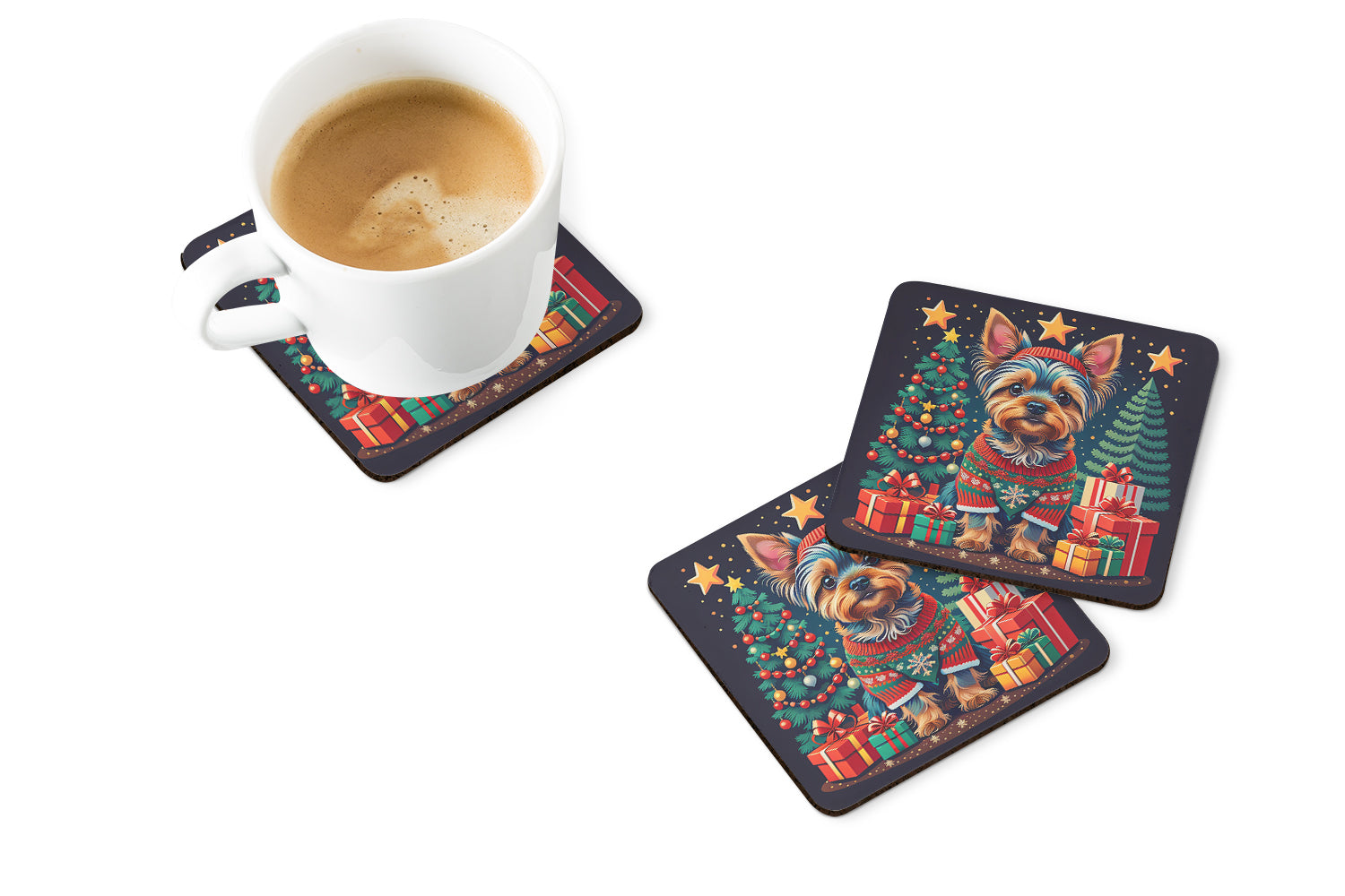 Yorkie Yorkshire Terrier Christmas Foam Coasters Set of 4 Cup Coasters for Indoor Outdoor, Tabletop Protection, Anti Slip, Mouse pad Material