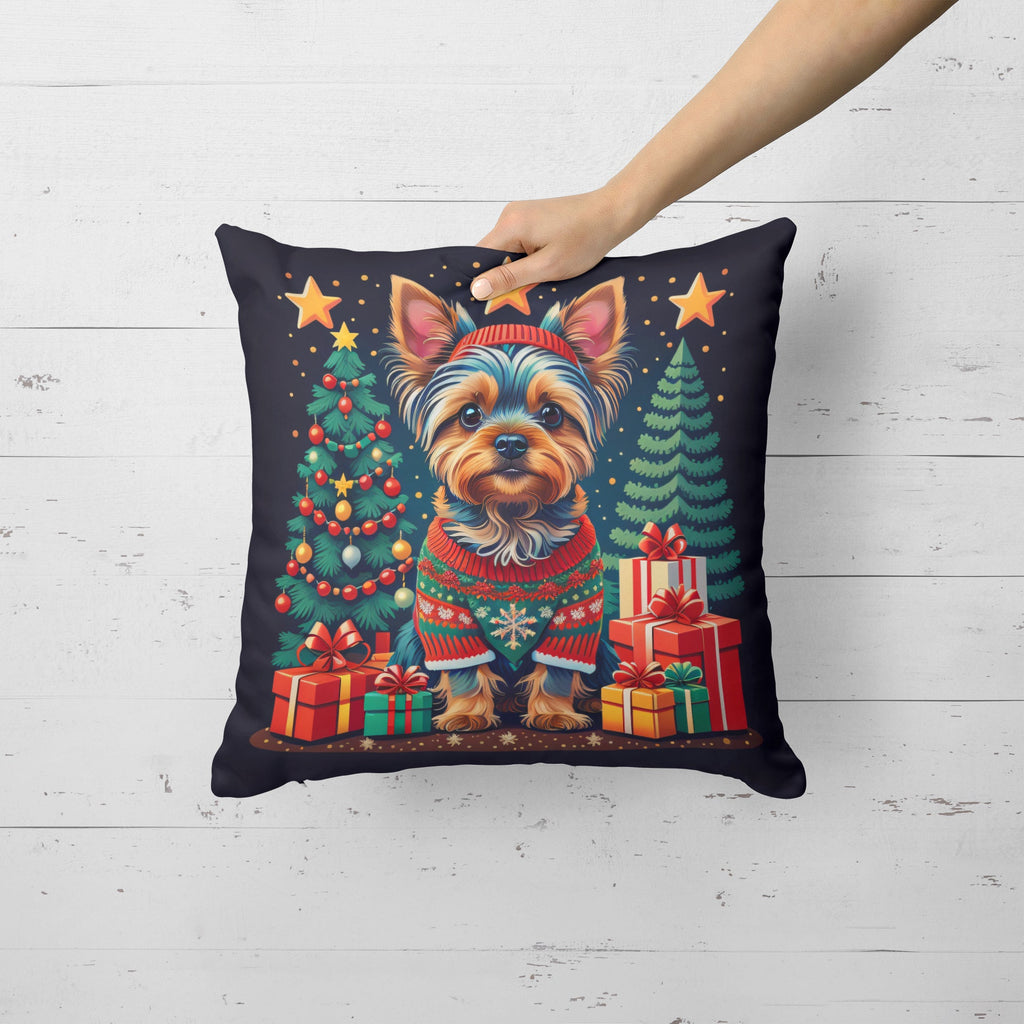 Yorkie Yorkshire Terrier Christmas Decorative Throw Pillow 14x14 Indoor Outdoor Accent Cushion, Fabric Cover with Insert for Sofa, Bed, Porch & Living Room