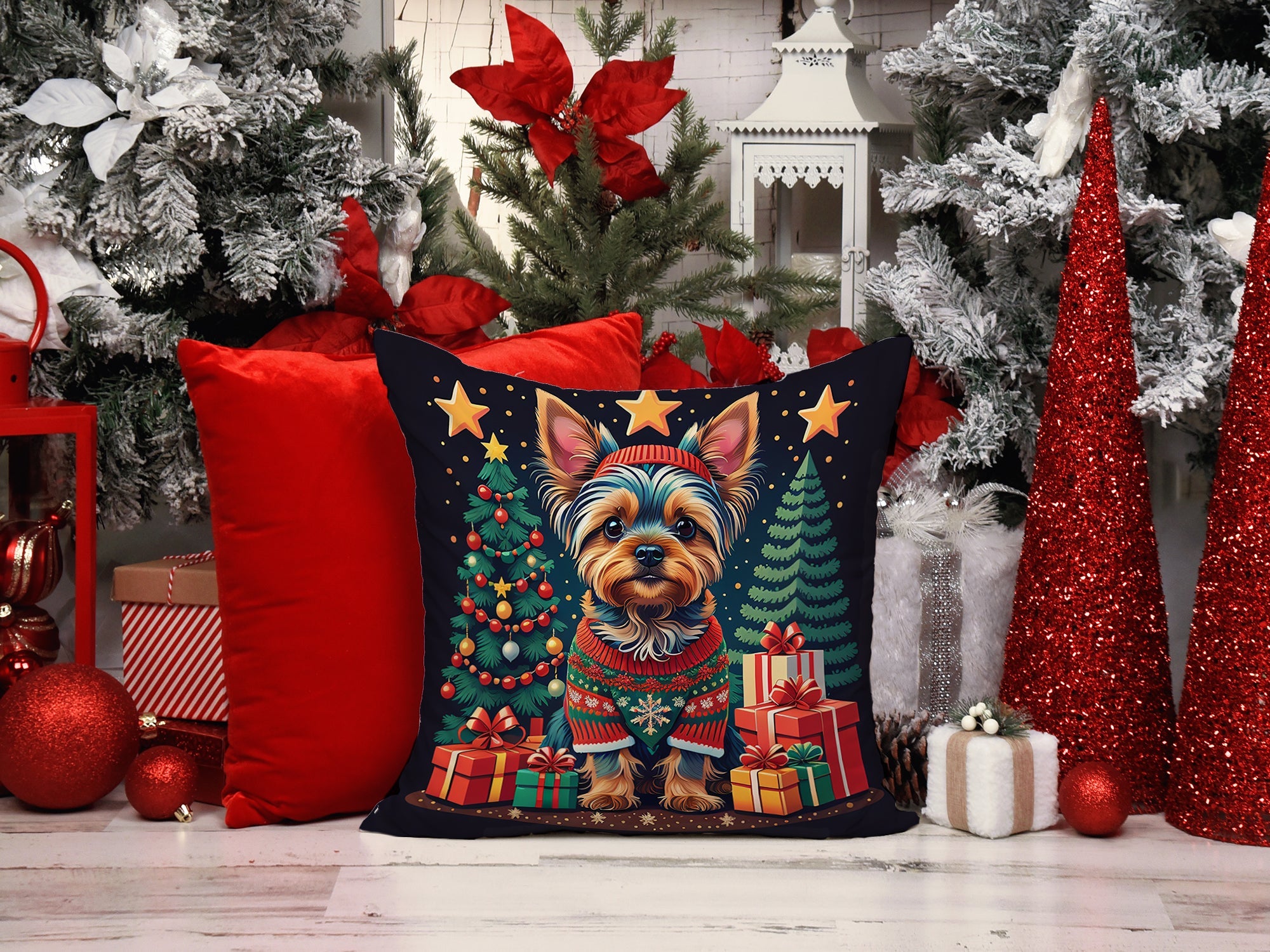 Yorkie Yorkshire Terrier Christmas Decorative Throw Pillow 18x18 Indoor Outdoor Accent Cushion, Fabric Cover with Insert for Sofa, Bed, Porch & Living Room