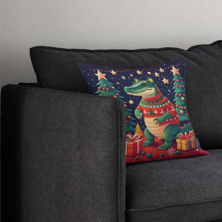Alligator Christmas Decorative Throw Pillow 14x14 Indoor Outdoor Accent Cushion, Fabric Cover with Insert for Sofa, Bed, Porch & Living Room