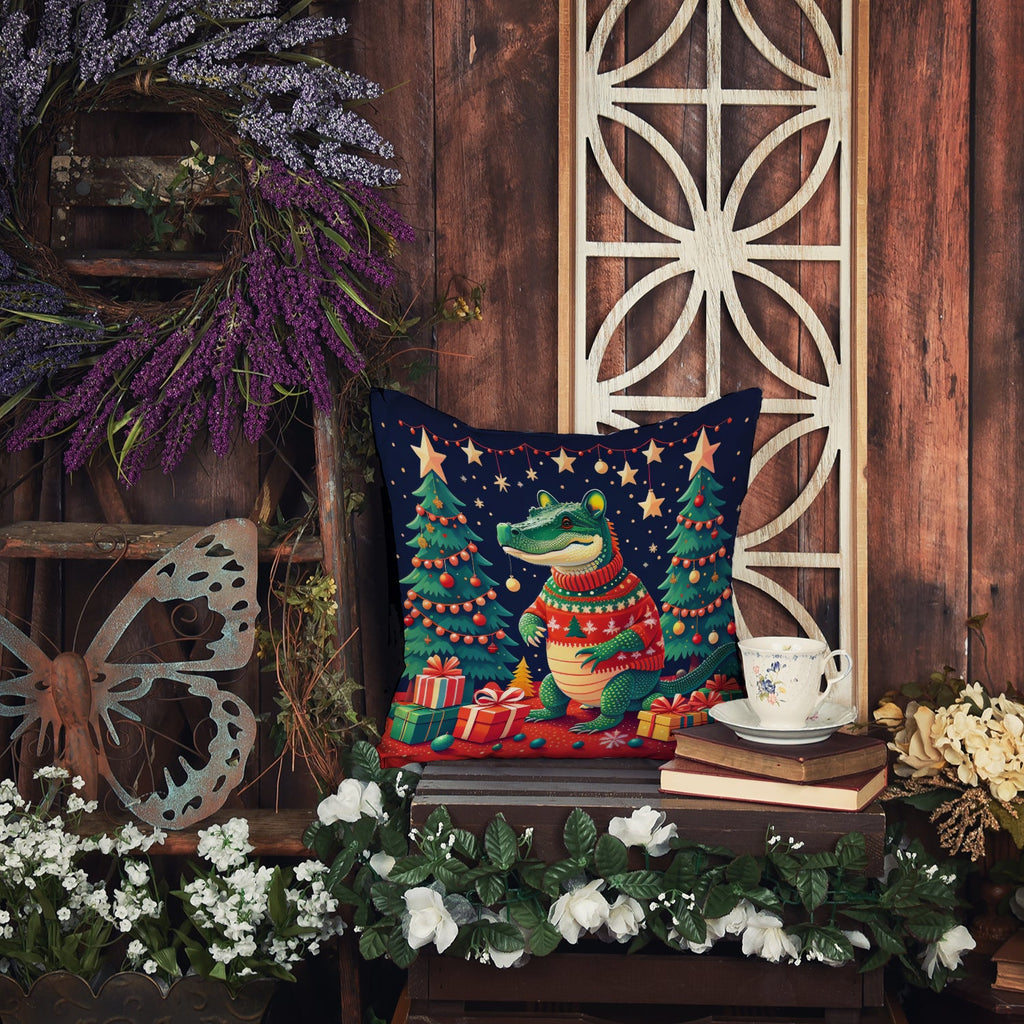 Alligator Christmas Decorative Throw Pillow 18x18 Indoor Outdoor Accent Cushion, Fabric Cover with Insert for Sofa, Bed, Porch & Living Room