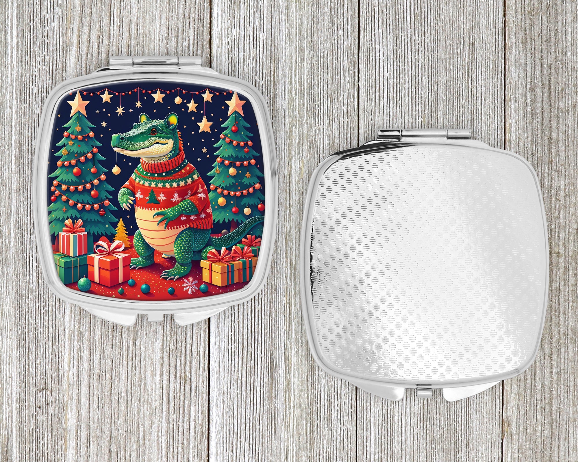 Alligator Christmas Compact Mirror Decorative Travel Makeup Mirror for Women Girls Gifts Pocket Makeup Mirror Folding Handheld
