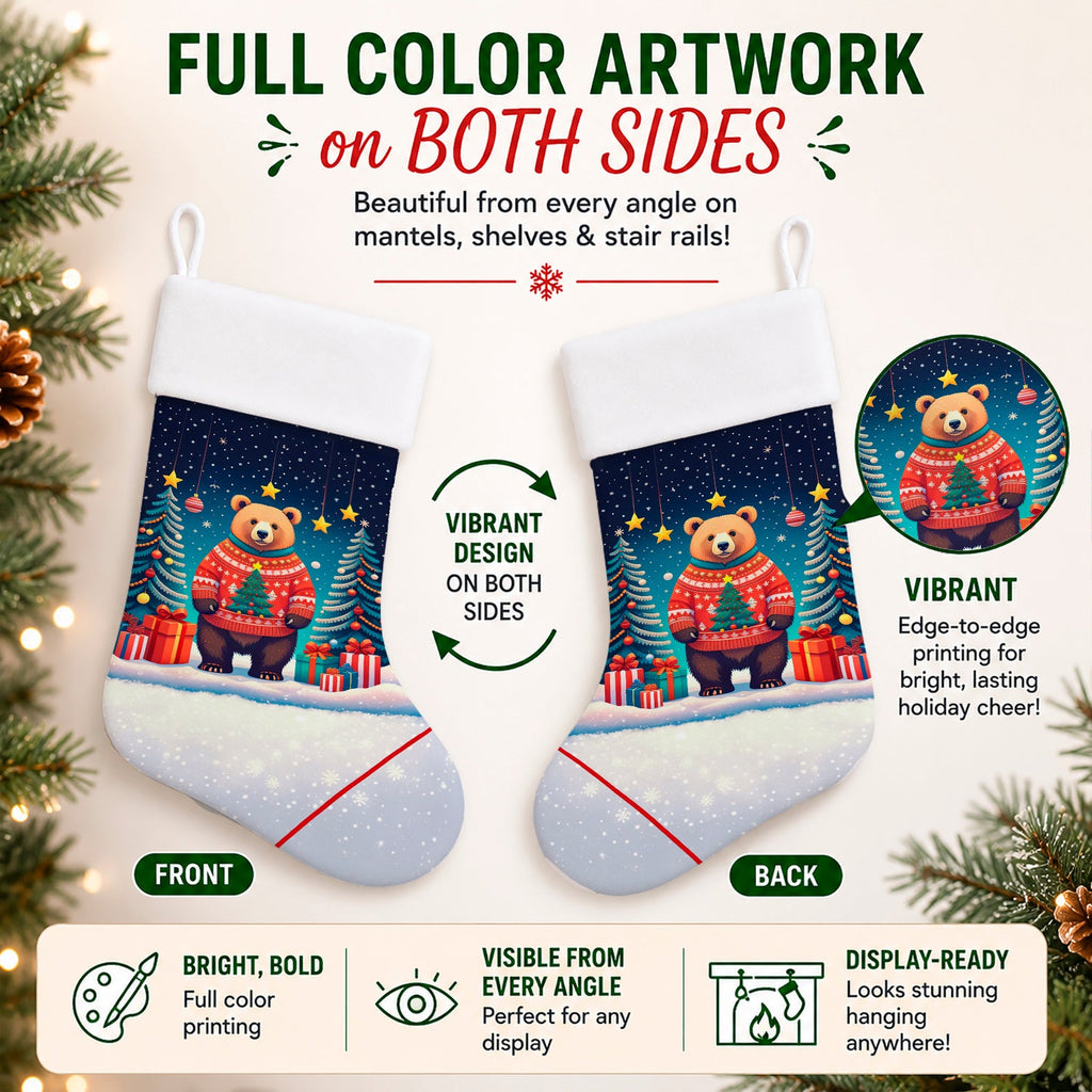 Bear Christmas Holiday Stocking Double-Sided Print, Polyester Suede,11x18, Made in USA