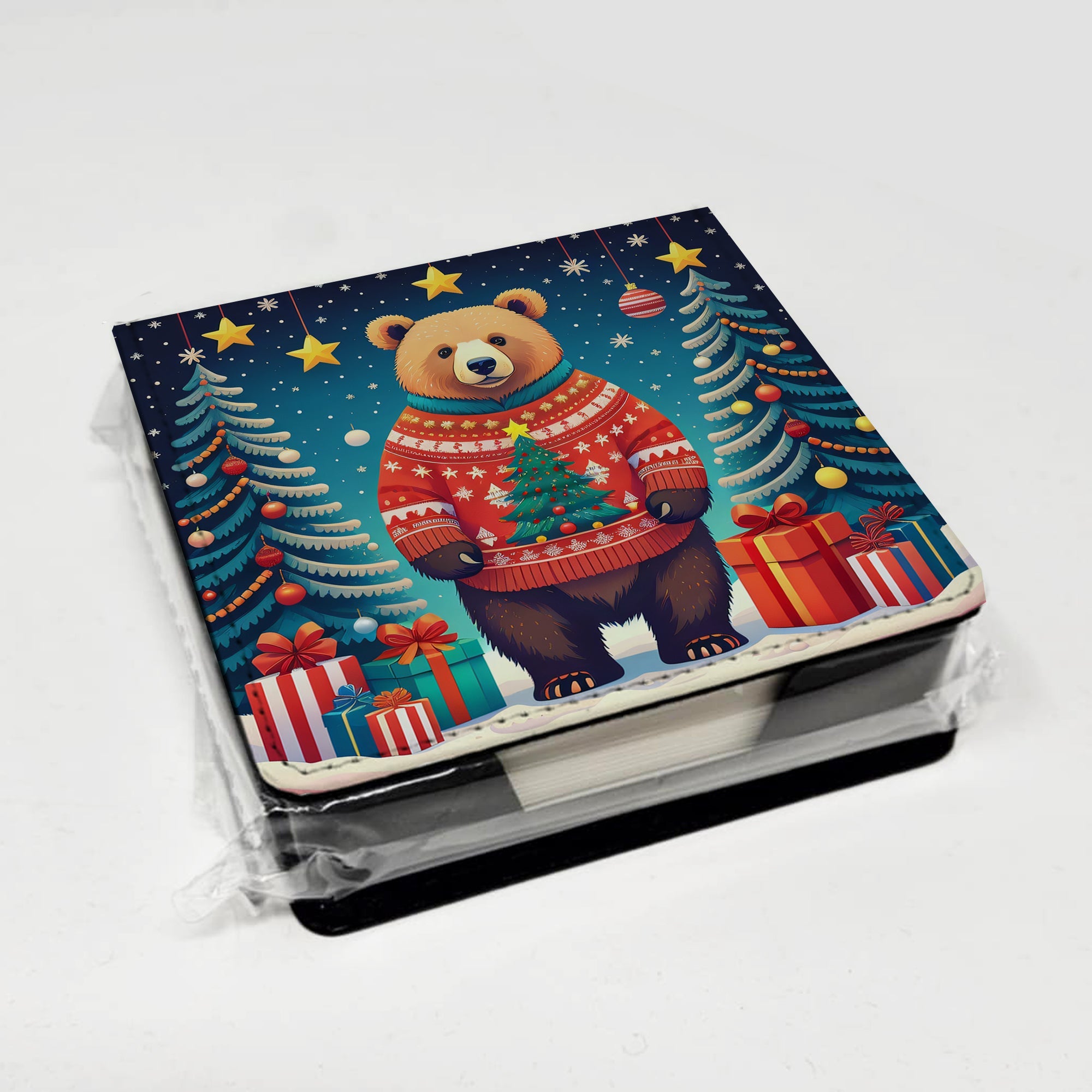 Bear Christmas PU Leather Note Paper Holder with Artist-Designed Cover, Desk Accessory, Office Gift