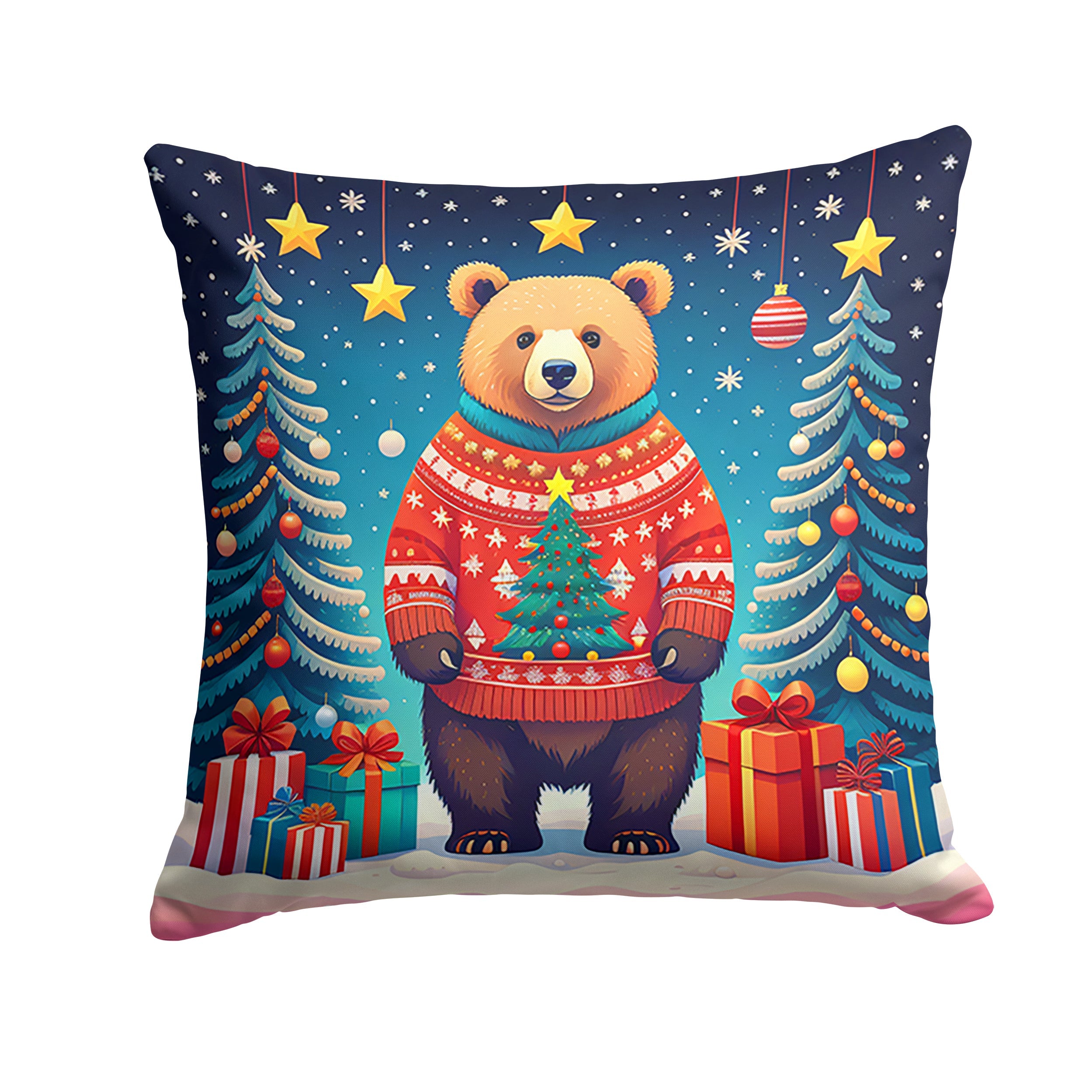 Bear Christmas Decorative Throw Pillow 14x14 Indoor Outdoor Accent Cushion, Fabric Cover with Insert for Sofa, Bed, Porch & Living Room