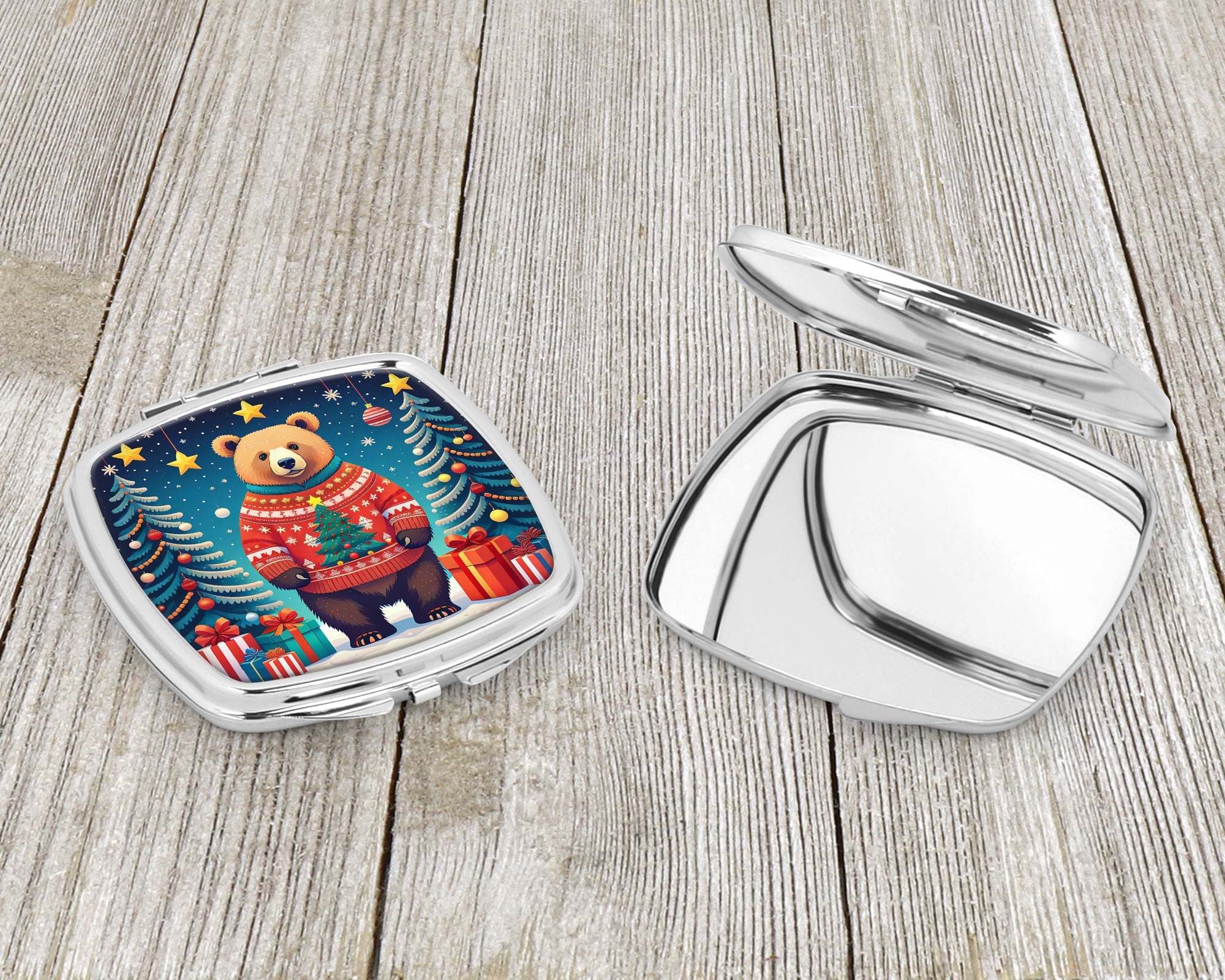 Bear Christmas Compact Mirror Decorative Travel Makeup Mirror for Women Girls Gifts Pocket Makeup Mirror Folding Handheld