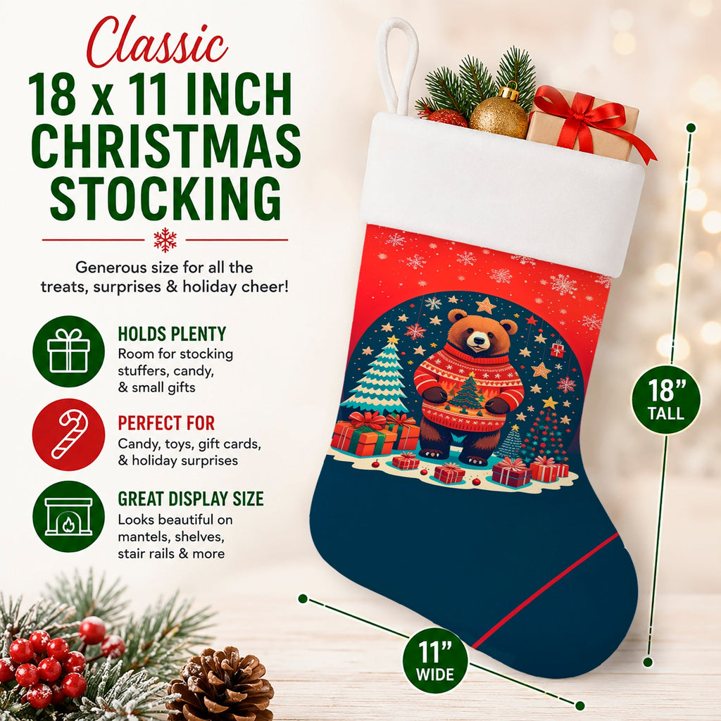 Bear Christmas Holiday Stocking Double-Sided Print, Polyester Suede,11x18, Made in USA