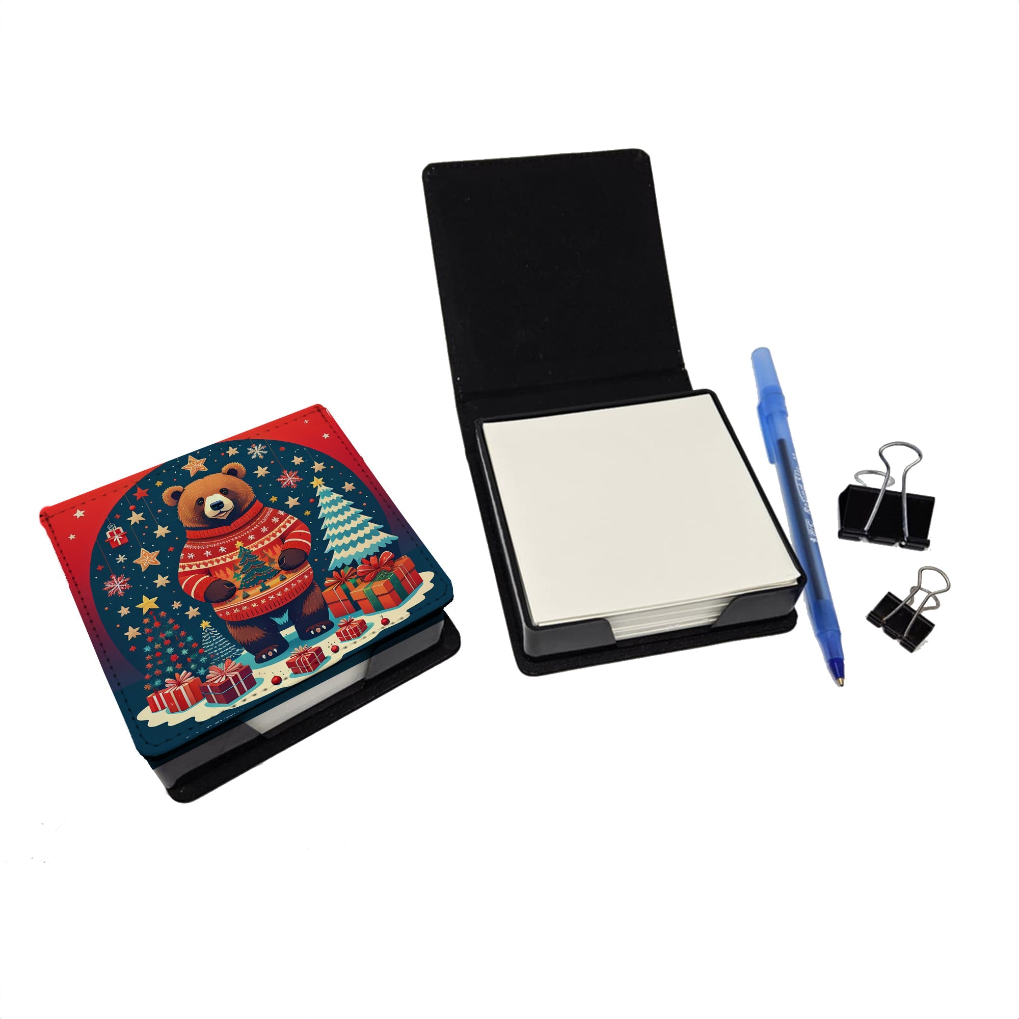 Bear Christmas PU Leather Note Paper Holder with Artist-Designed Cover, Desk Accessory, Office Gift