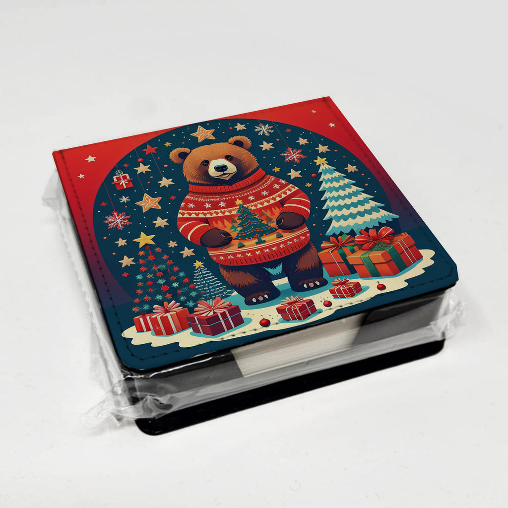 Bear Christmas PU Leather Note Paper Holder with Artist-Designed Cover, Desk Accessory, Office Gift