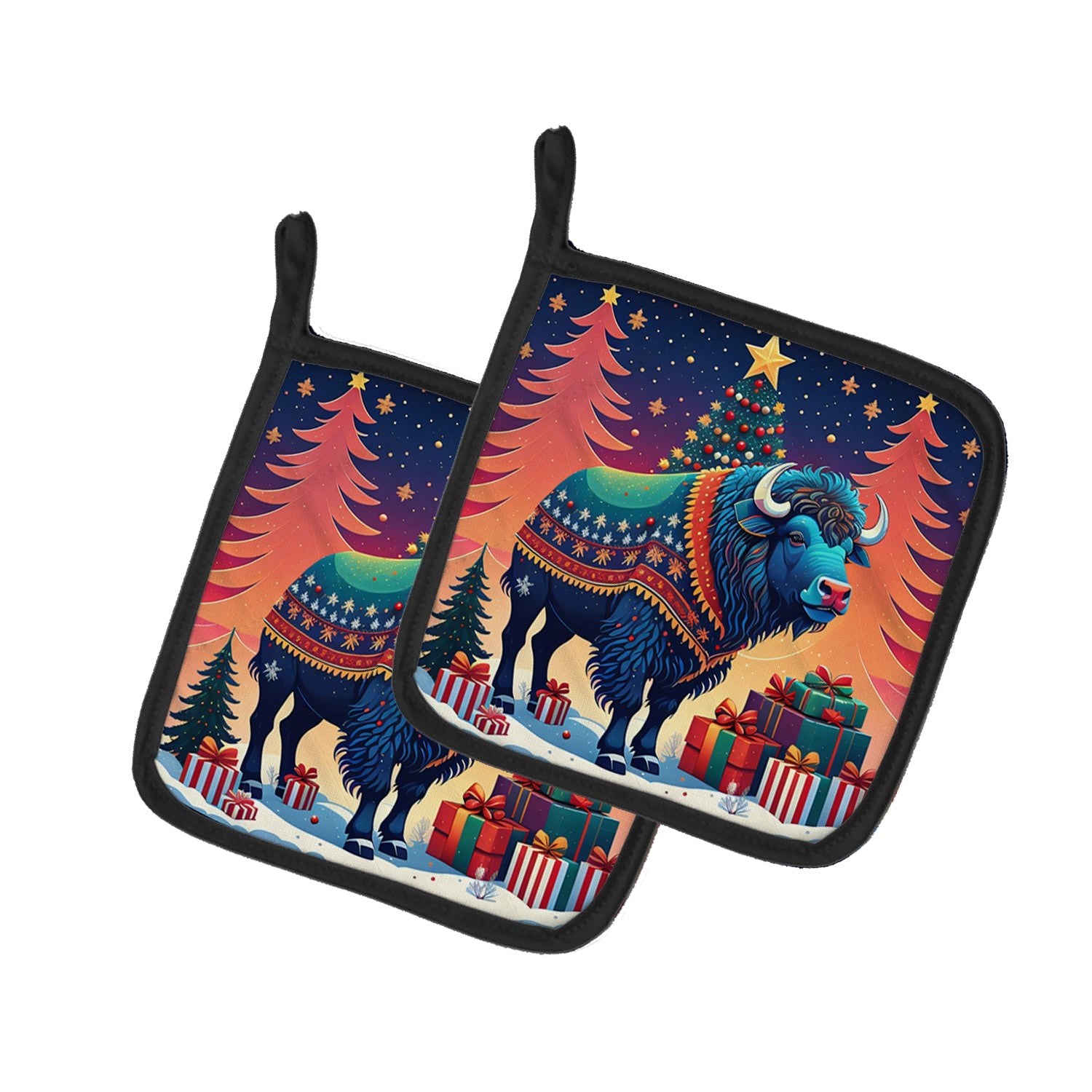 Buffalo Christmas Pot Holder Set of 2 Heat Resistant Quilted Hot Pads 7.5 x 7.5 Inch, Insulated Kitchen Trivets for Cooking & Baking