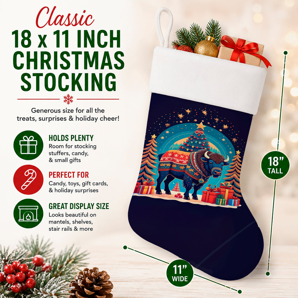 Buffalo Christmas Holiday Stocking Double-Sided Print, Polyester Suede,11x18, Made in USA