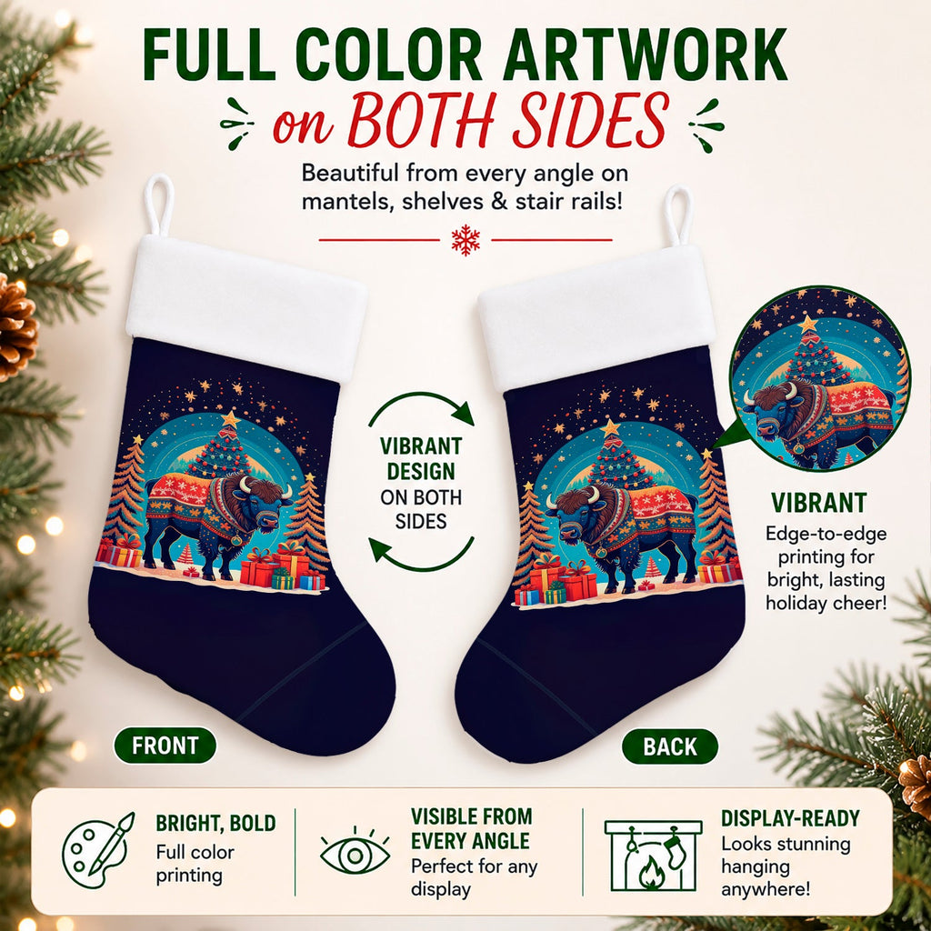 Buffalo Christmas Holiday Stocking Double-Sided Print, Polyester Suede,11x18, Made in USA