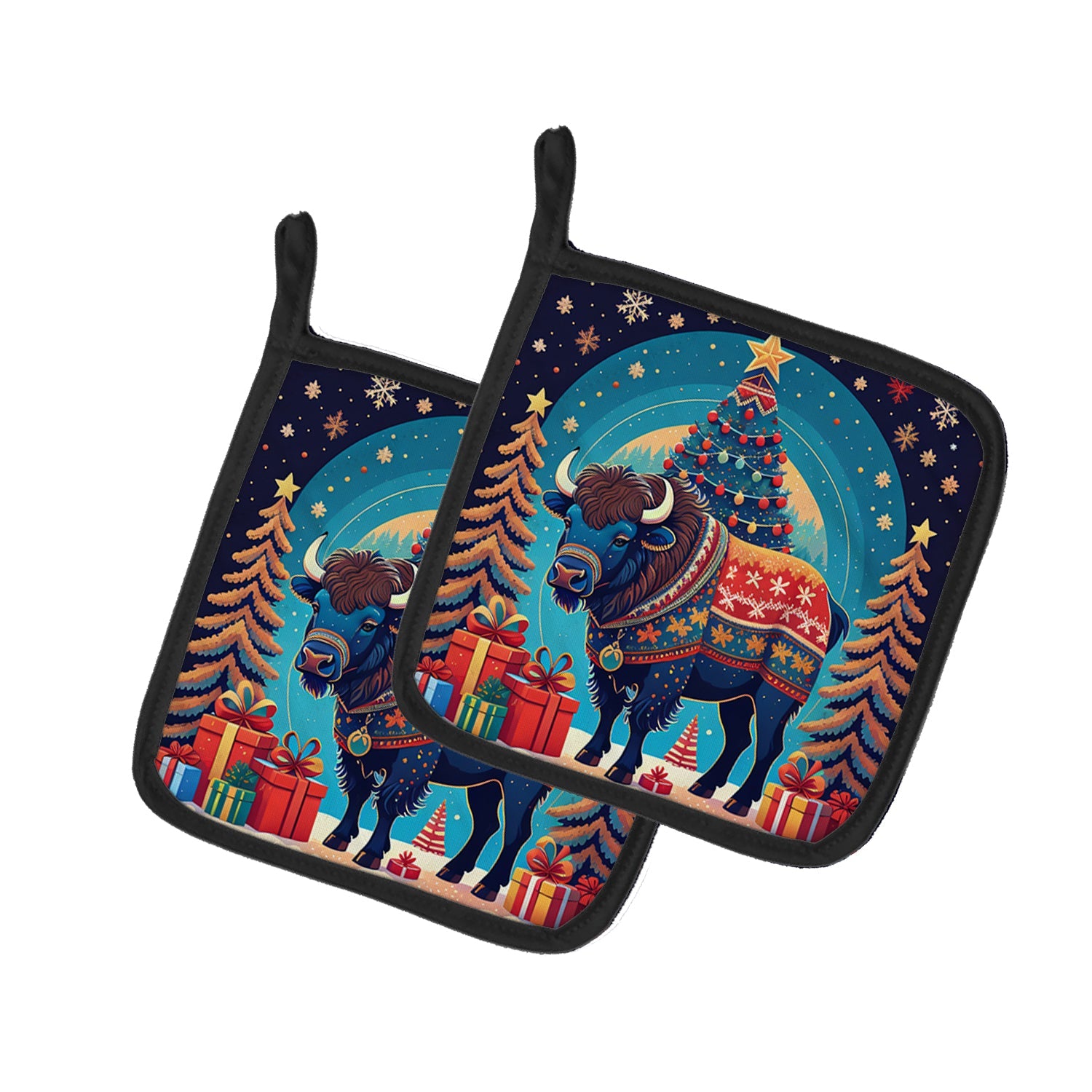 Buffalo Christmas Pot Holder Set of 2 Heat Resistant Quilted Hot Pads 7.5 x 7.5 Inch, Insulated Kitchen Trivets for Cooking & Baking