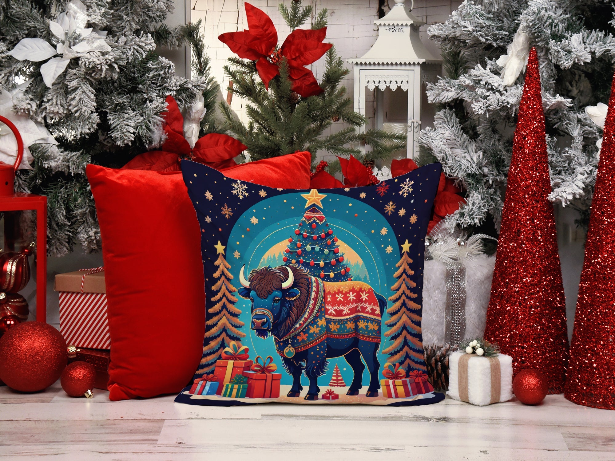 Buffalo Christmas Decorative Throw Pillow 14x14 Indoor Outdoor Accent Cushion, Fabric Cover with Insert for Sofa, Bed, Porch & Living Room