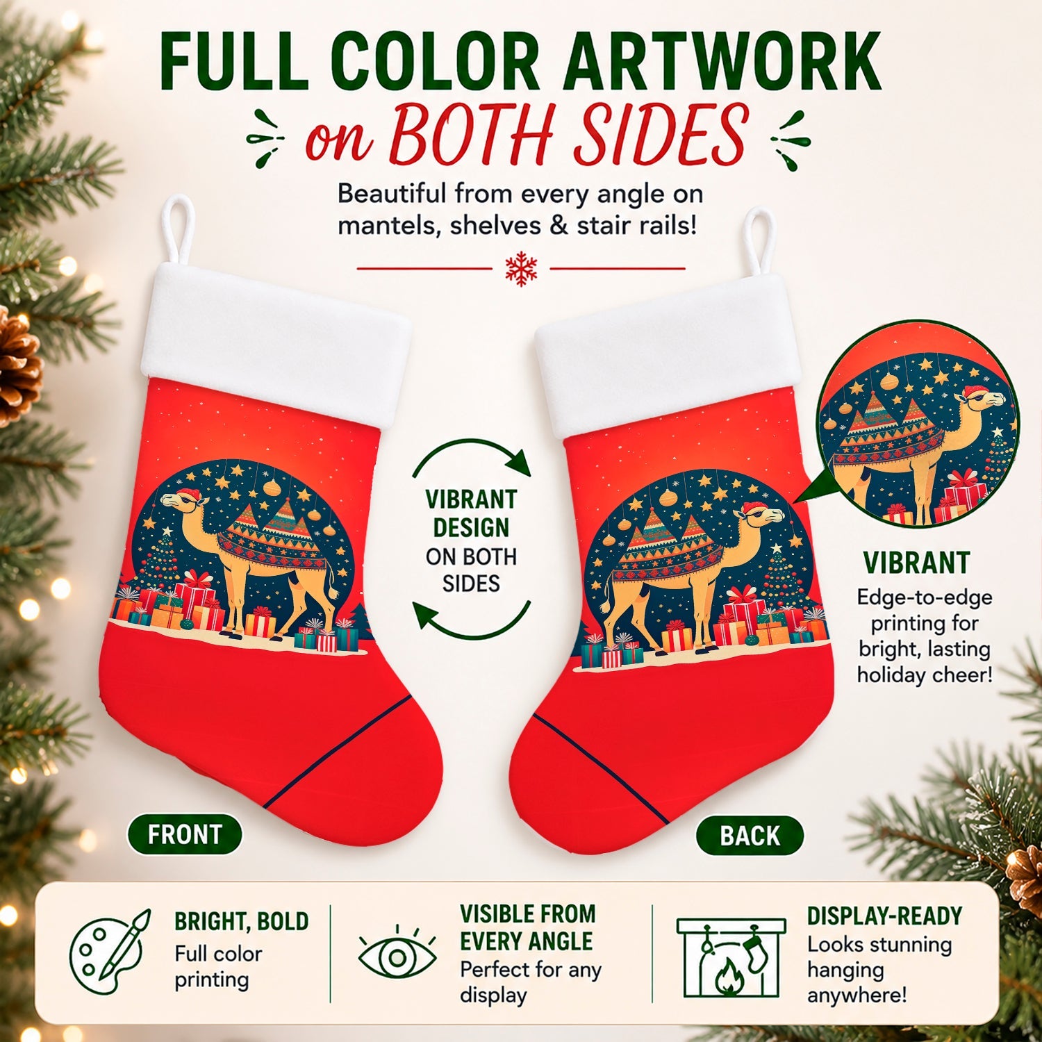 Camel Christmas Holiday Stocking Double-Sided Print, Polyester Suede,11x18, Made in USA