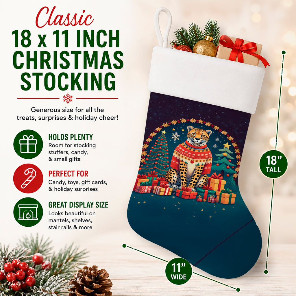 Cheetah Christmas Holiday Stocking Double-Sided Print, Polyester Suede,11x18, Made in USA