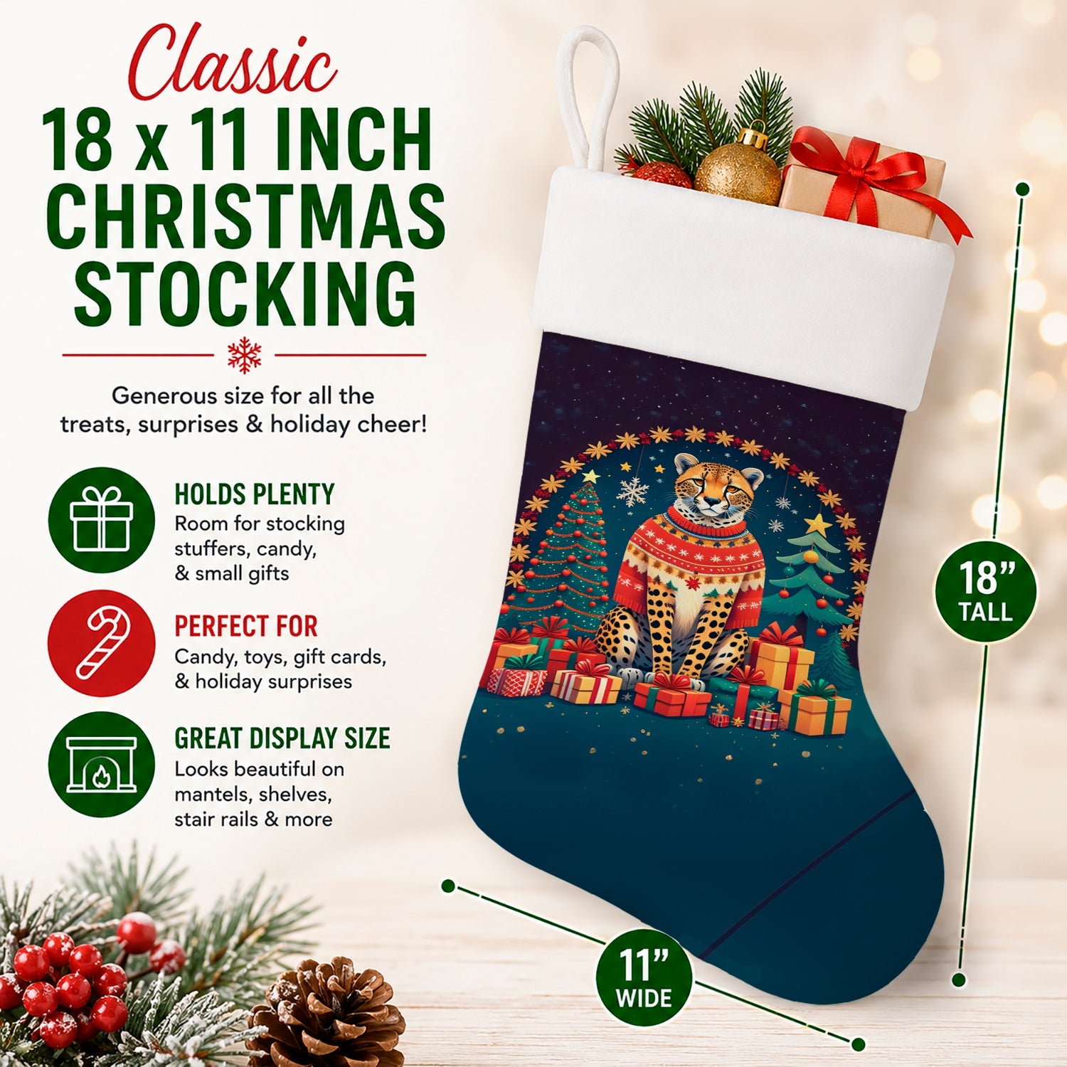 Cheetah Christmas Holiday Stocking Double-Sided Print, Polyester Suede,11x18, Made in USA