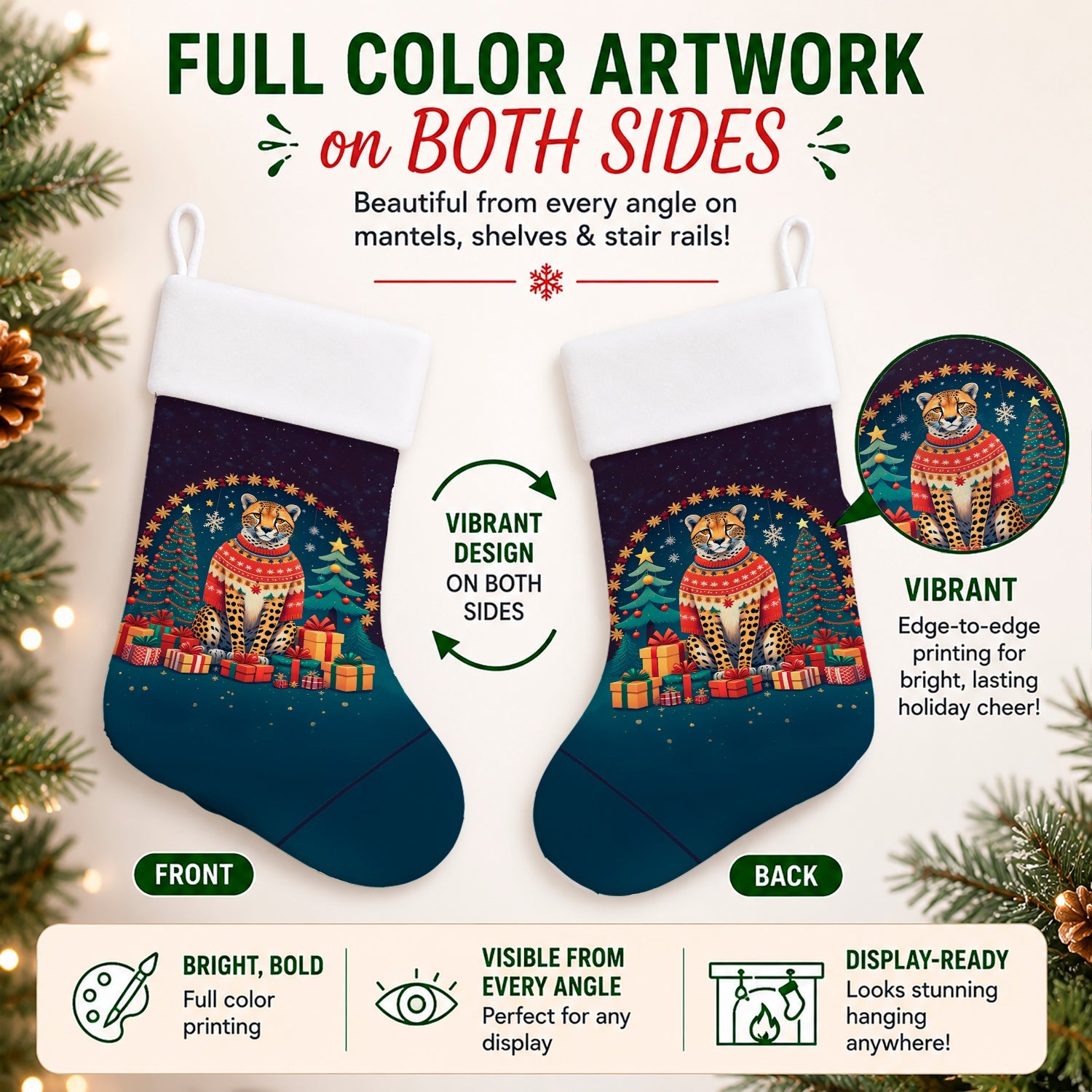 Cheetah Christmas Holiday Stocking Double-Sided Print, Polyester Suede,11x18, Made in USA