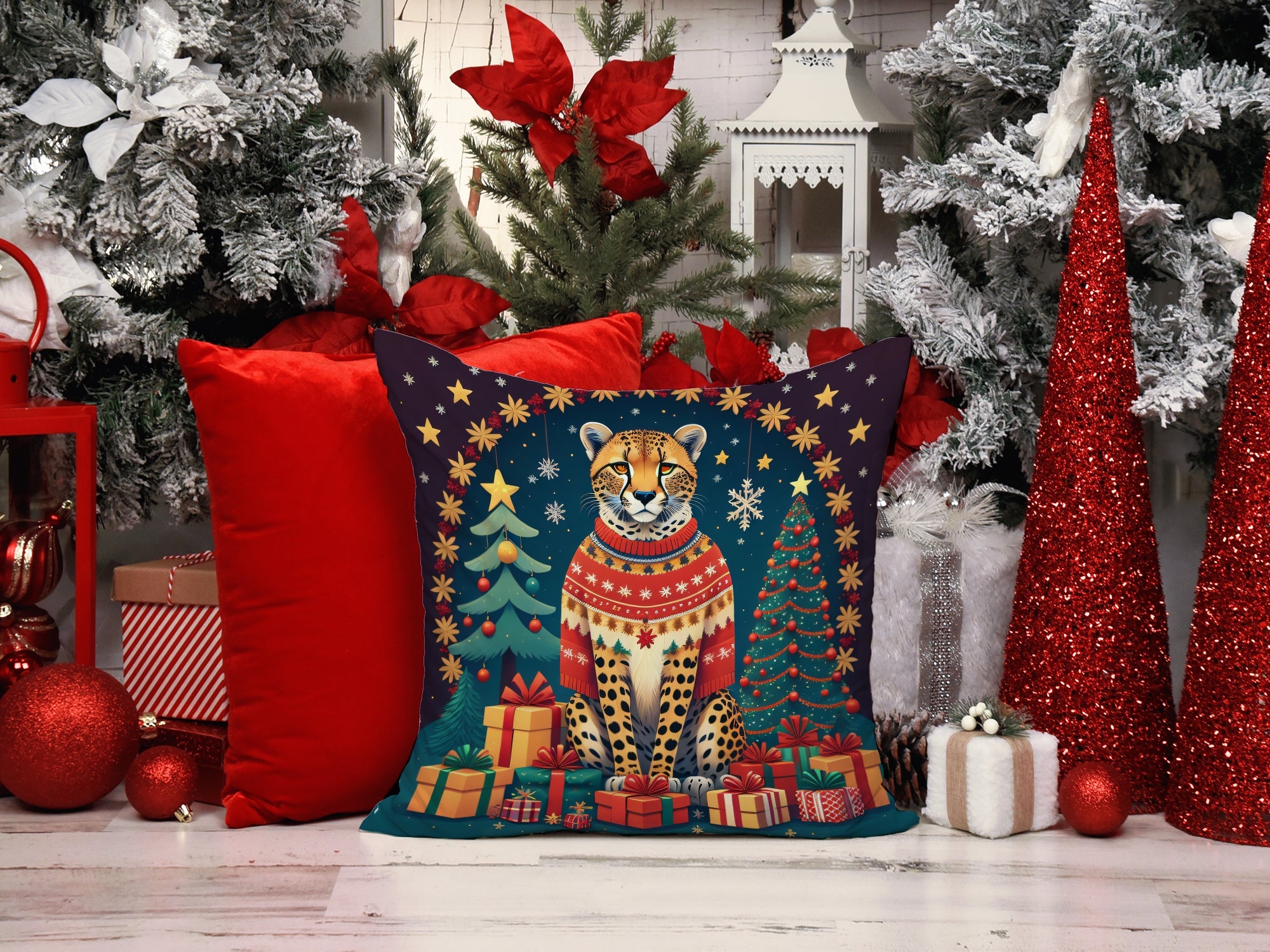Cheetah Christmas Decorative Throw Pillow 14x14 Indoor Outdoor Accent Cushion, Fabric Cover with Insert for Sofa, Bed, Porch & Living Room