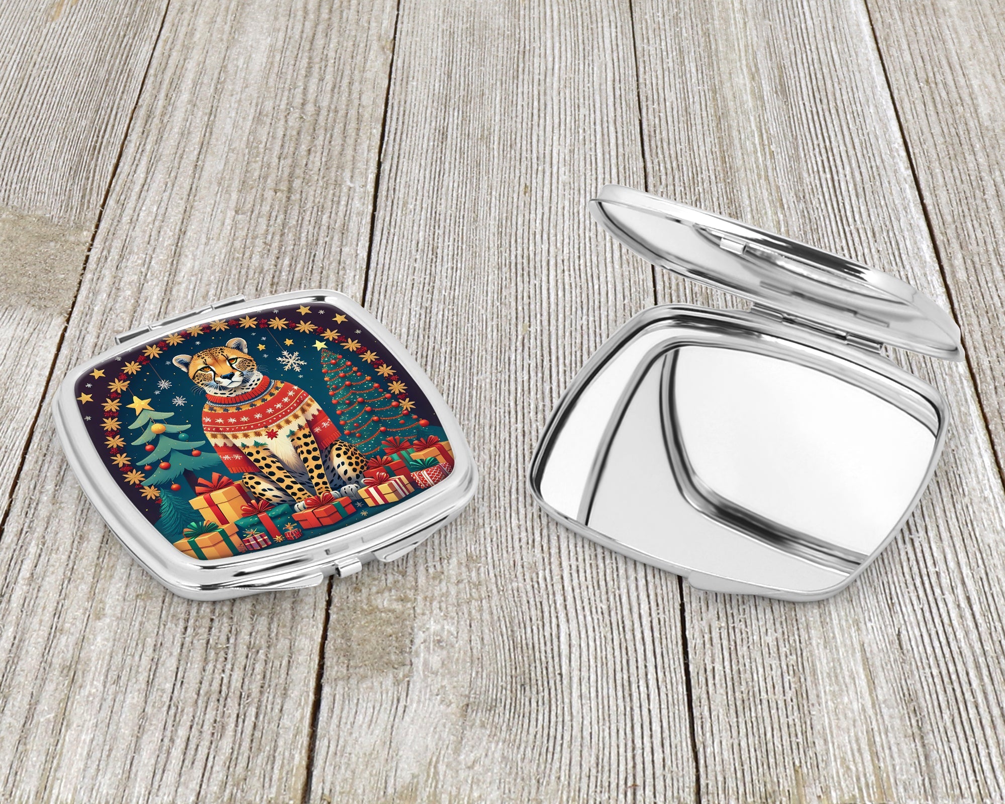 Cheetah Christmas Compact Mirror Decorative Travel Makeup Mirror for Women Girls Gifts Pocket Makeup Mirror Folding Handheld