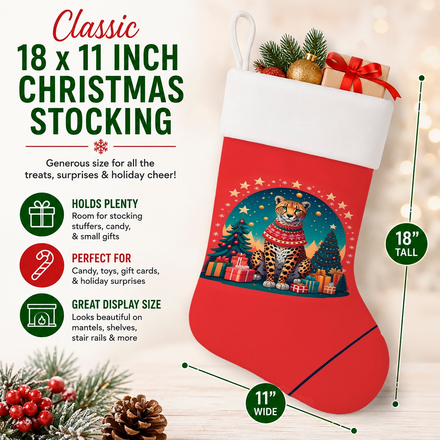 Cheetah Christmas Holiday Stocking Double-Sided Print, Polyester Suede,11x18, Made in USA