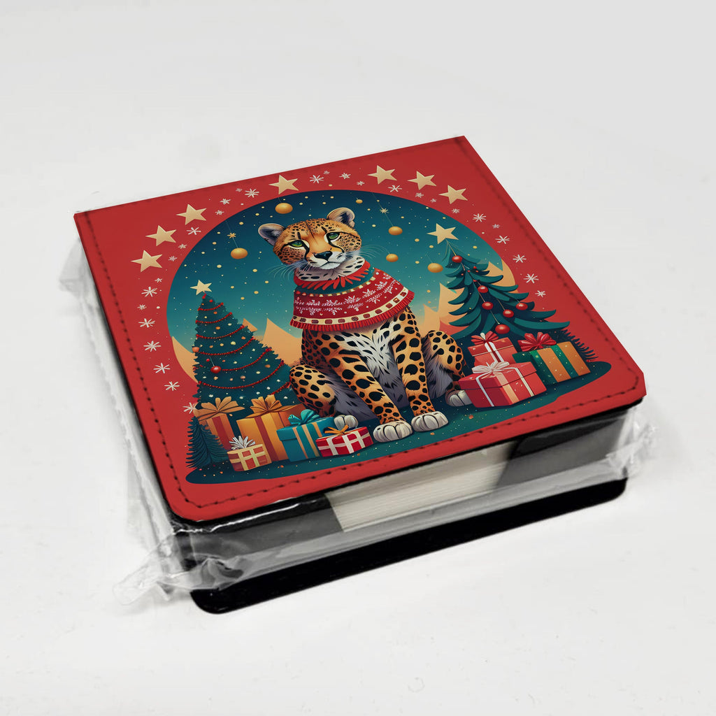Cheetah Christmas PU Leather Note Paper Holder with Artist-Designed Cover, Desk Accessory, Office Gift