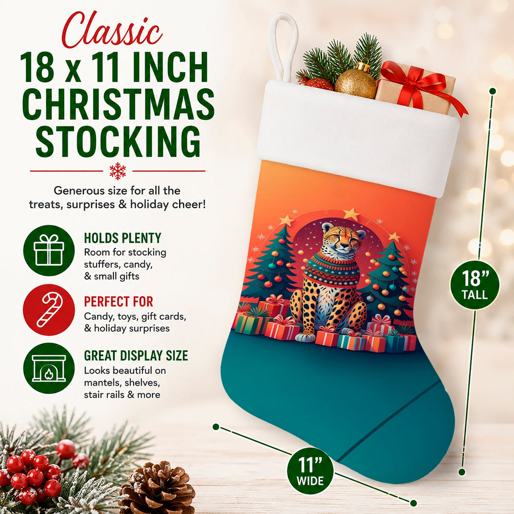 Cheetah Christmas Holiday Stocking Double-Sided Print, Polyester Suede,11x18, Made in USA