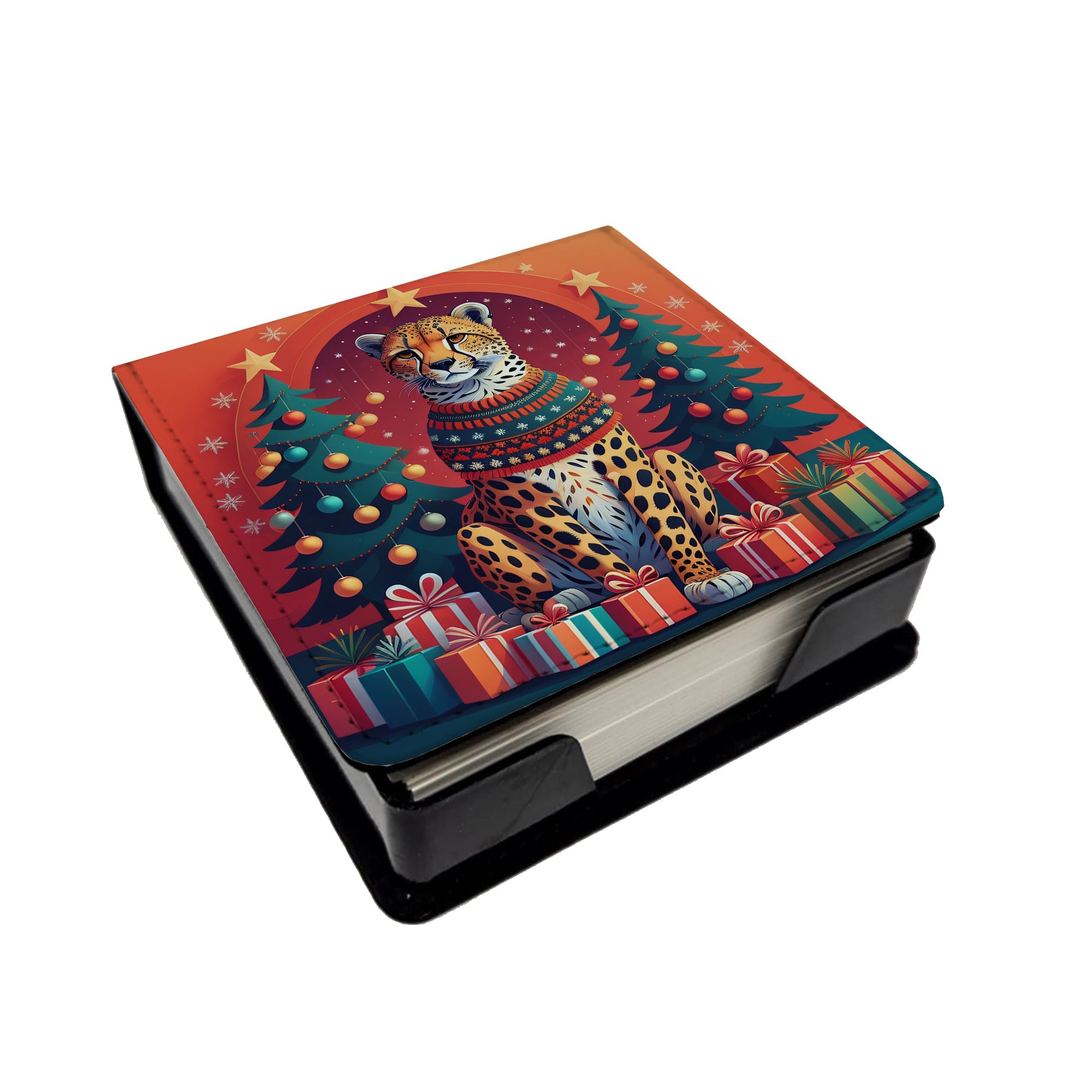 Cheetah Christmas PU Leather Note Paper Holder with Artist-Designed Cover, Desk Accessory, Office Gift