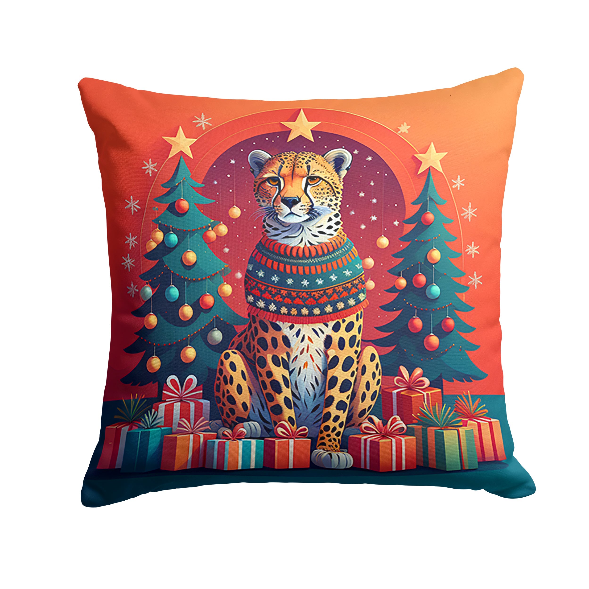 Cheetah Christmas Decorative Throw Pillow 14x14 Indoor Outdoor Accent Cushion, Fabric Cover with Insert for Sofa, Bed, Porch & Living Room