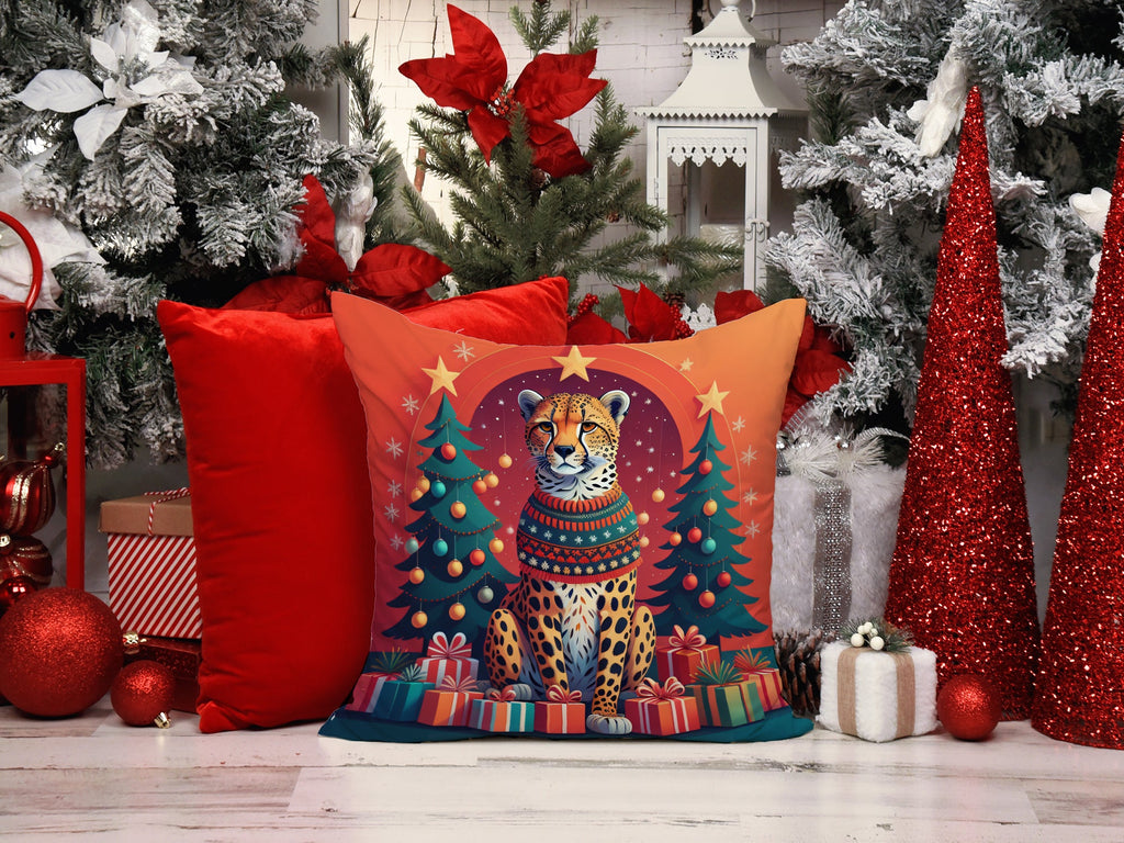 Cheetah Christmas Decorative Throw Pillow 14x14 Indoor Outdoor Accent Cushion, Fabric Cover with Insert for Sofa, Bed, Porch & Living Room