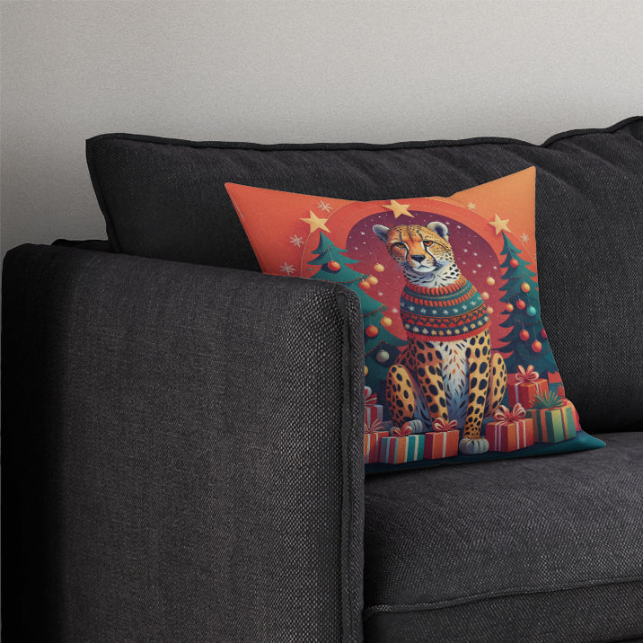 Cheetah Christmas Decorative Throw Pillow 14x14 Indoor Outdoor Accent Cushion, Fabric Cover with Insert for Sofa, Bed, Porch & Living Room