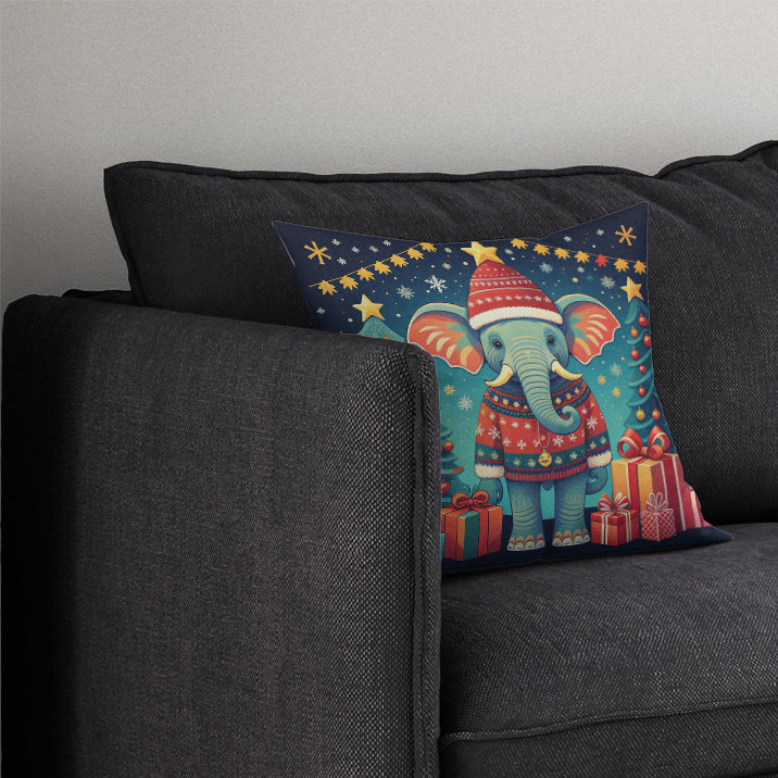 Elephant Christmas Decorative Throw Pillow 14x14 Indoor Outdoor Accent Cushion, Fabric Cover with Insert for Sofa, Bed, Porch & Living Room