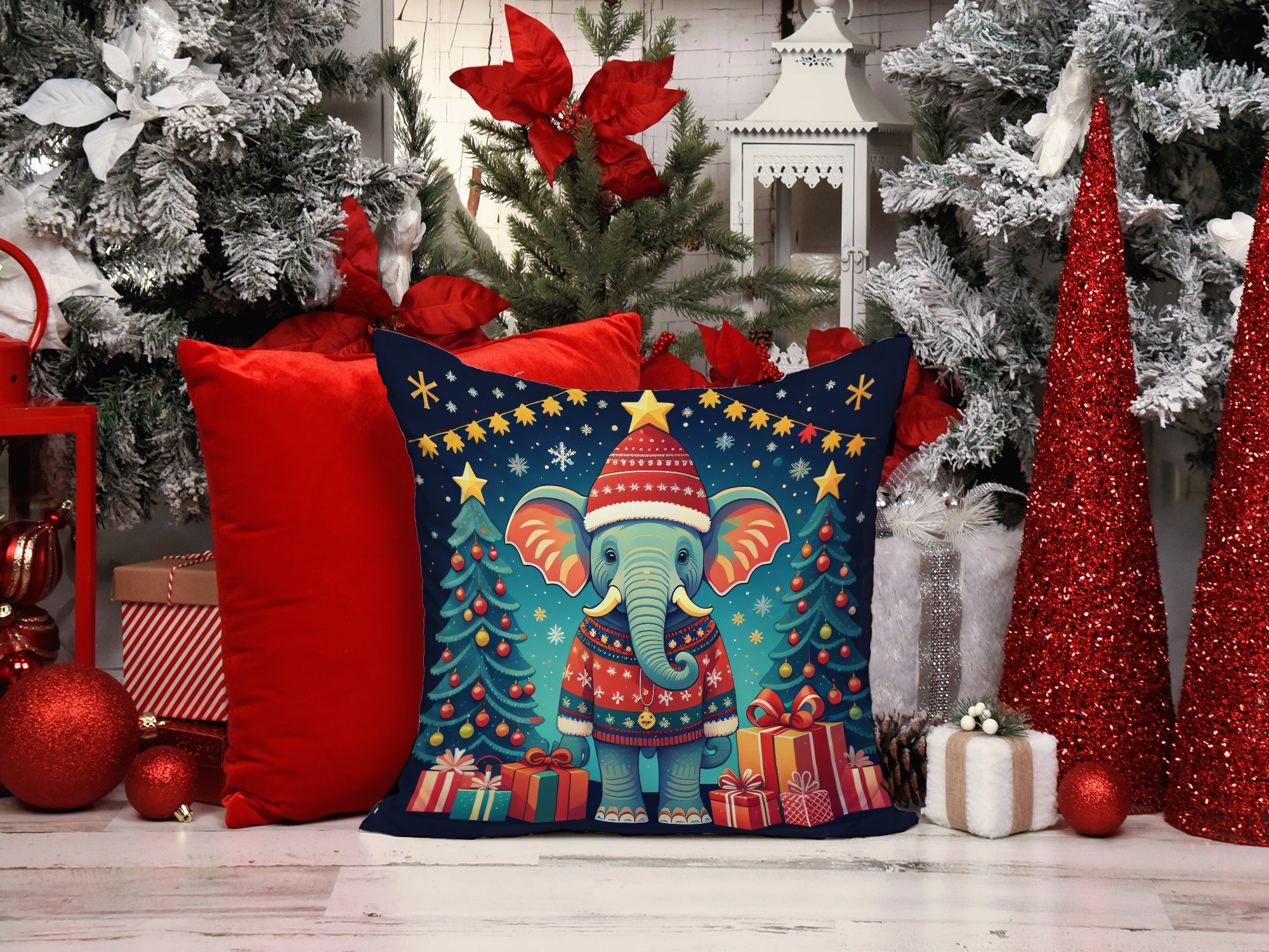 Elephant Christmas Decorative Throw Pillow 18x18 Indoor Outdoor Accent Cushion, Fabric Cover with Insert for Sofa, Bed, Porch & Living Room